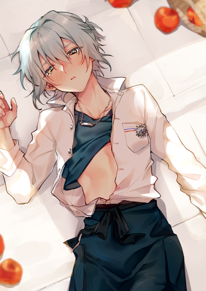 1boy adult androgynous blue_hair blush crying dacryphilia femboy laying_down mahoyaku midriff nero_turner pinned_down promise_of_wizard taking_clothes_off tobidayooon yellow_eyes