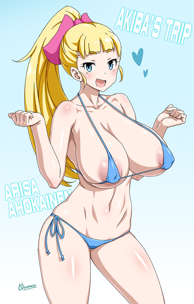 10s 1girls akiba's_trip akiba's_trip_the_animation areola_slip areolae arisa_ahokainen bikini blonde_hair blue_background blue_bikini blue_eyes blush breasts character_name copyright_name cowboy_shot female female_only gradient gradient_background hair_ribbon heart huge_breasts large_areolae long_hair looking_at_viewer micro_bikini nipples onomeshin open_mouth ponytail ribbon shiny shiny_skin side-tie_bikini signature smile solo swimsuit