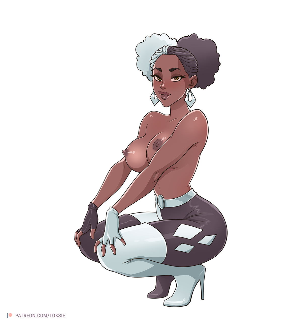 1girls, afro hair, afro puffs, antonia moore, areolae, breasts, brown hair, dark skin, dark-skinned female, dc, dc comics, earrings, female, female only, fingerless gloves, gang of harleys, gloves, hands on knees, harlem harley, hazel eyes, heel boots, heels, high heels, looking at viewer, nipples, pants, partially clothed, pinup pose, plain background, seductive look, solo, squatting, thick lips, thigh boots, thighhighs, tight clothing, toksie, topless, two-tone hair, white background, white hair