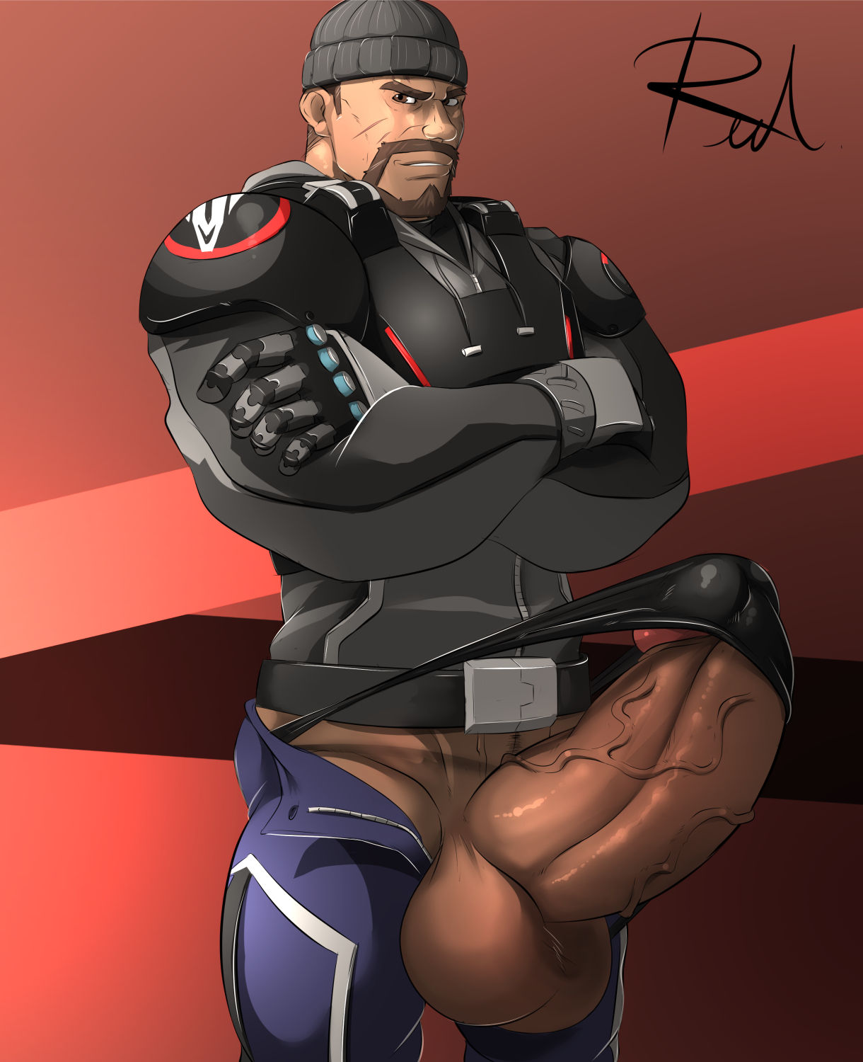 balls bara big_balls big_penis boner clothing crossed_arms erection male male_only muscles muscular muscular_male overwatch overwatch_2 penis reaper reclamon solo solo_male