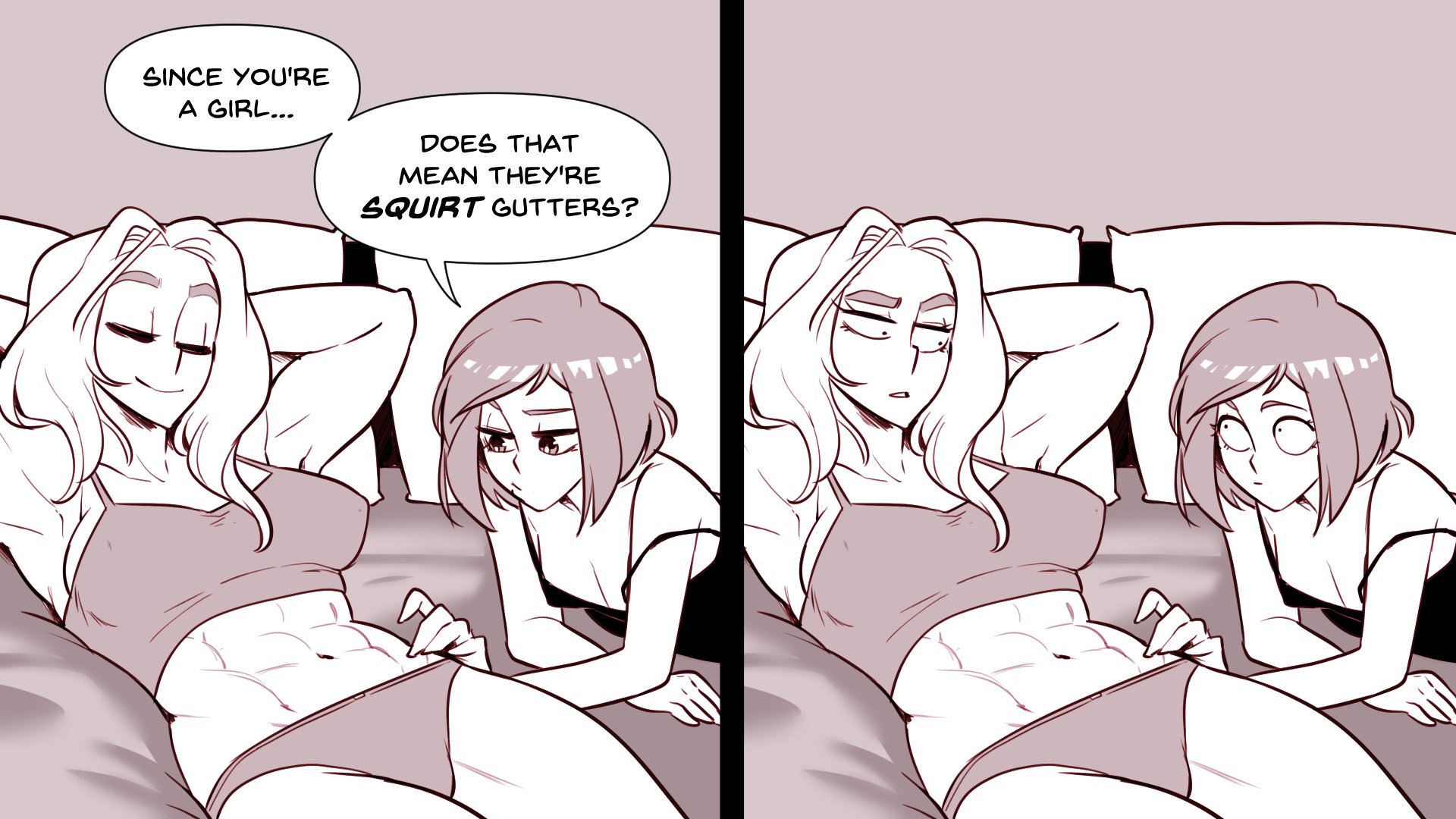 2girls, abs, bed, beverly galanis-hill, big breasts, blonde hair, breasts, cleavage, clothed, clothing, female, female focus, female only, funny face, hi res, humor, lesbian, lesbians, long hair, medium hair, monochrome, muscular, muscular female, navel, nortuet, nortuet universe, on back, on bed, original, revealing clothes, silly, simple background, six pack, smile, squirt gutters, tara ryan, toned, toned female, white background, yuri