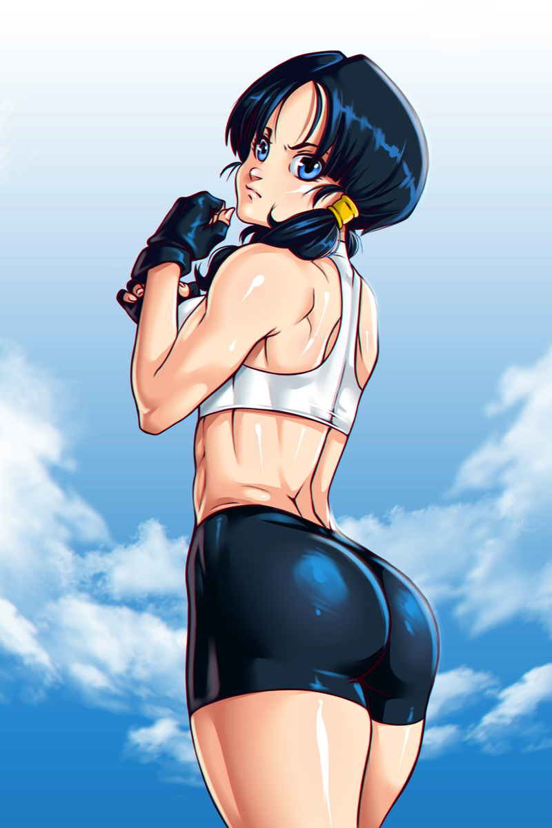 1girls, ass, bike shorts, black hair, blue eyes, dragon ball, dragon ball z, female, female only, fully clothed, long hair, looking at viewer, solo, tight clothing, twintails, videl