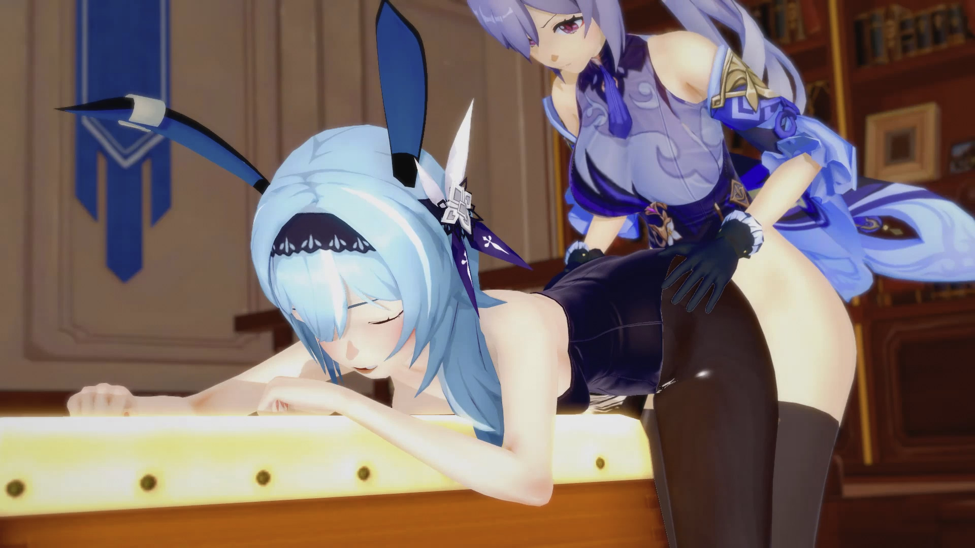 16:9, 1futa, 1girls, artist request, bent over, blue hair, bunny ears, bunnysuit, closed eyes, clothed, clothing, duo, eula (genshin impact), female, from behind, futa on female, futanari, genshin impact, gloves, hairband, human, indoors, intersex, keqing (genshin impact), koikatsu, light skin, light-skinned female, light-skinned futa, long hair, looking at partner, looking pleasured, office, open mouth, pale skin, pantyhose, partially clothed, red eyes, room, standing