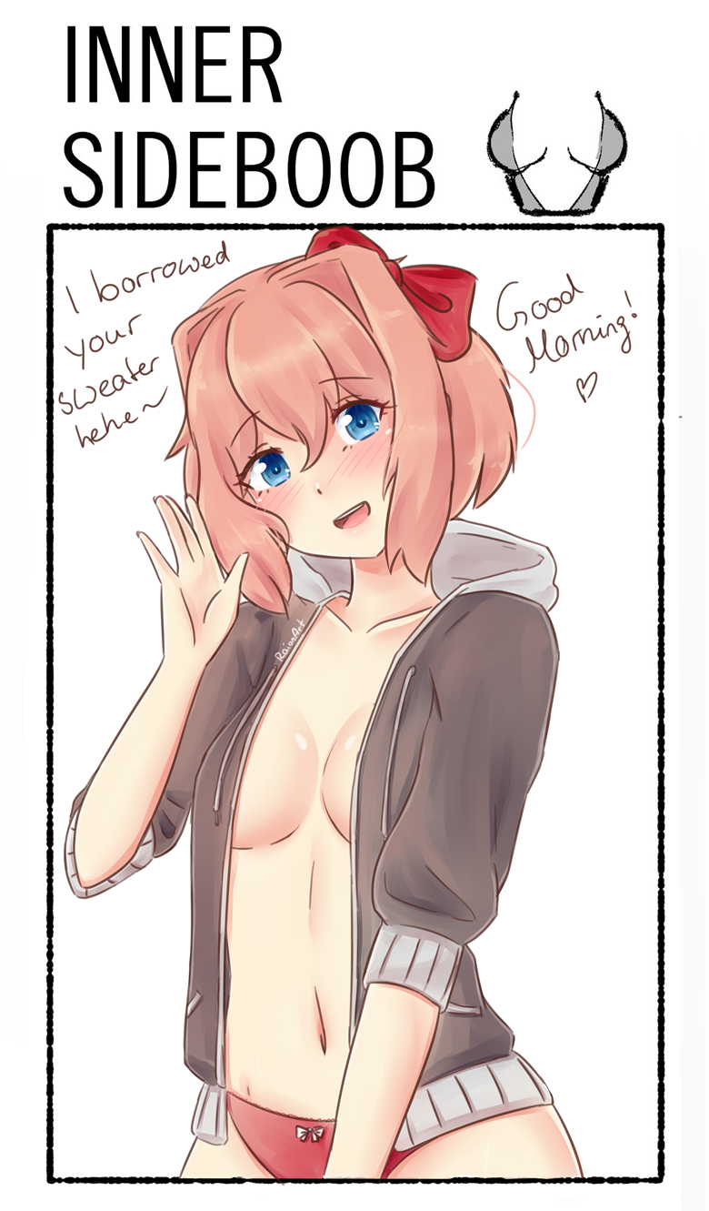 artist_signature blue_eyes blush blush_lines blushing bow_panties covered_breasts doki_doki_literature_club female hoodie inner_sideboob looking_at_viewer panties raionart red_hair_bow red_panties sayori_(doki_doki_literature_club) smiling strawberry_blonde_hair sweater text waving