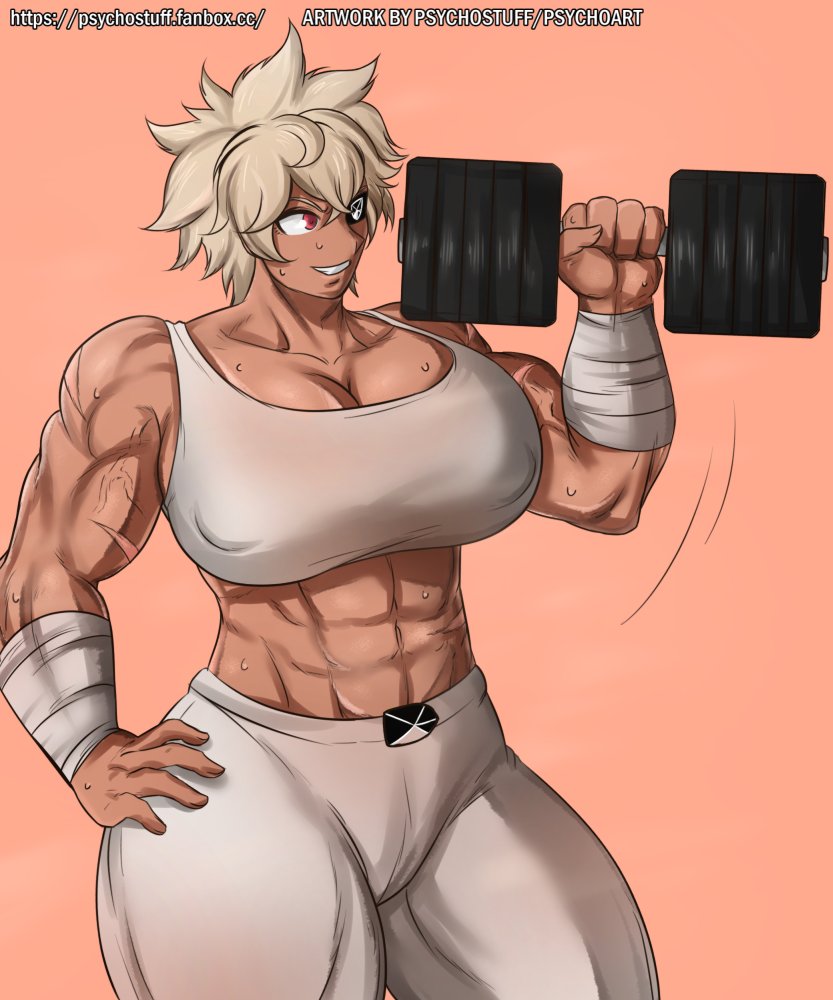 1girls, abs, ass, bandaged arm, big breasts, blonde hair, bodily fluids, breasts, dark skin, dark-skinned female, debonair diamond, dumbbell, eyepatch, female, gym, hand on hip, hips, huge ass, huge breasts, muscles, muscular, muscular female, nipple bulge, psychostuff, red eyes, scars, short hair, sweat, the hunters guild: red hood, thick thighs, veiny muscles, wide hips, workout, workout clothes
