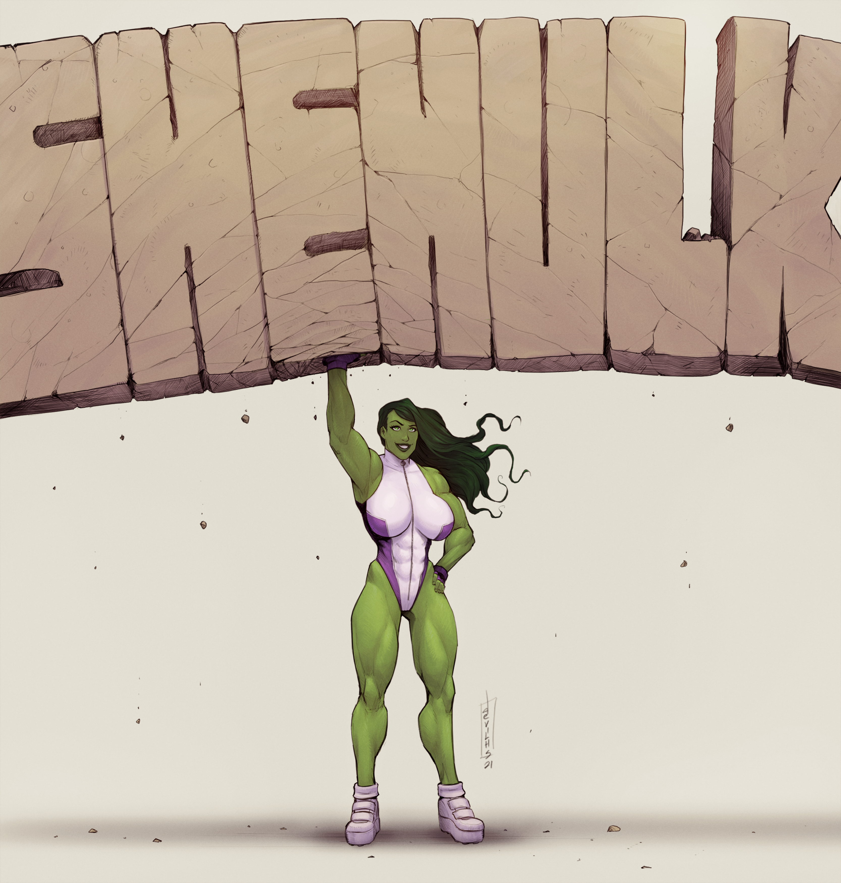 1girls, abs, big breasts, breasts, busty, clothed, clothed female, clothes, clothing, devil hs, female, female only, fingerless gloves, fully clothed, gloves, green body, green eyes, green hair, green skin, hulk (series), large breasts, legs, leotard, long hair, marvel, marvel comics, muscles, muscular, muscular female, muscular thighs, she-hulk, shoes, simple background, solo, strong, thighs
