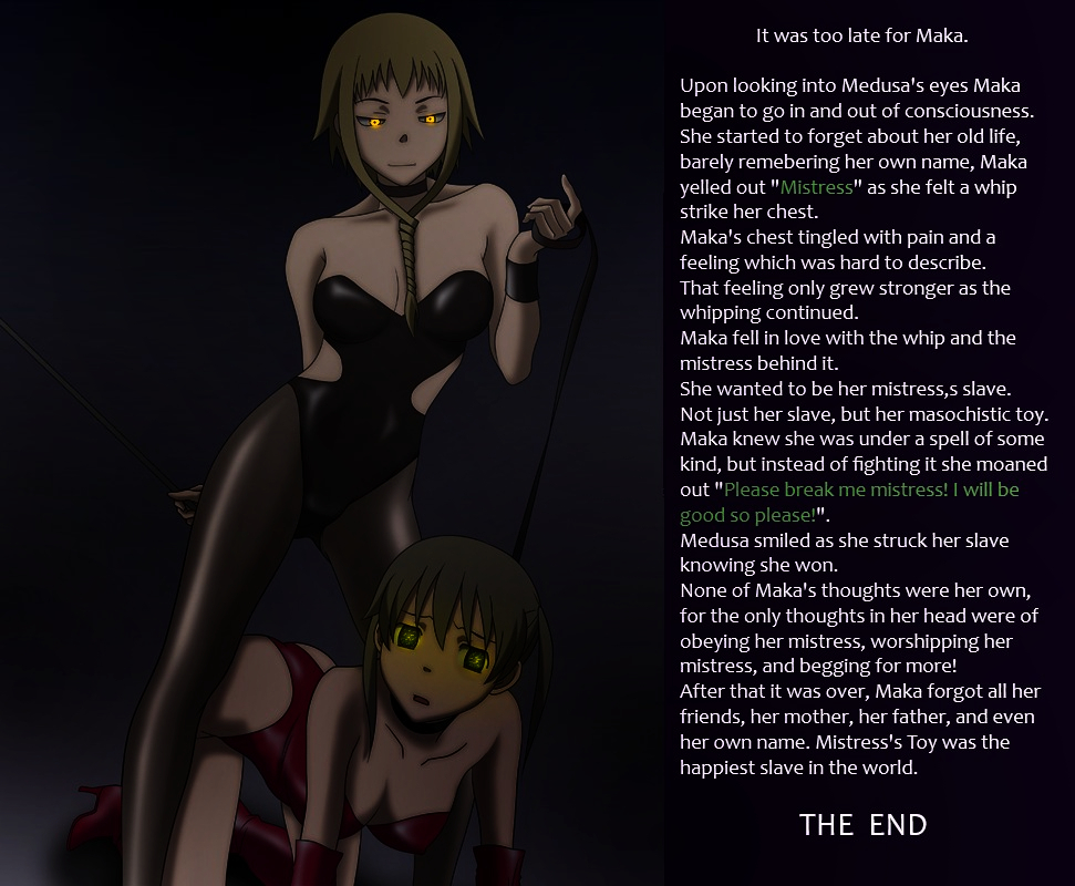 bdsm gear, blonde hair, bondage, brain drain, brainwashing, caption, dominant female, dominated, dominatrix, enslaved, enslaving, female, female focus, female only, femdom, femsub, green eyes, hypnosis, leather, leather clothing, maka albarn, medusa gorgon, sex slave, slave, slave girl, soul eater, yellow hair