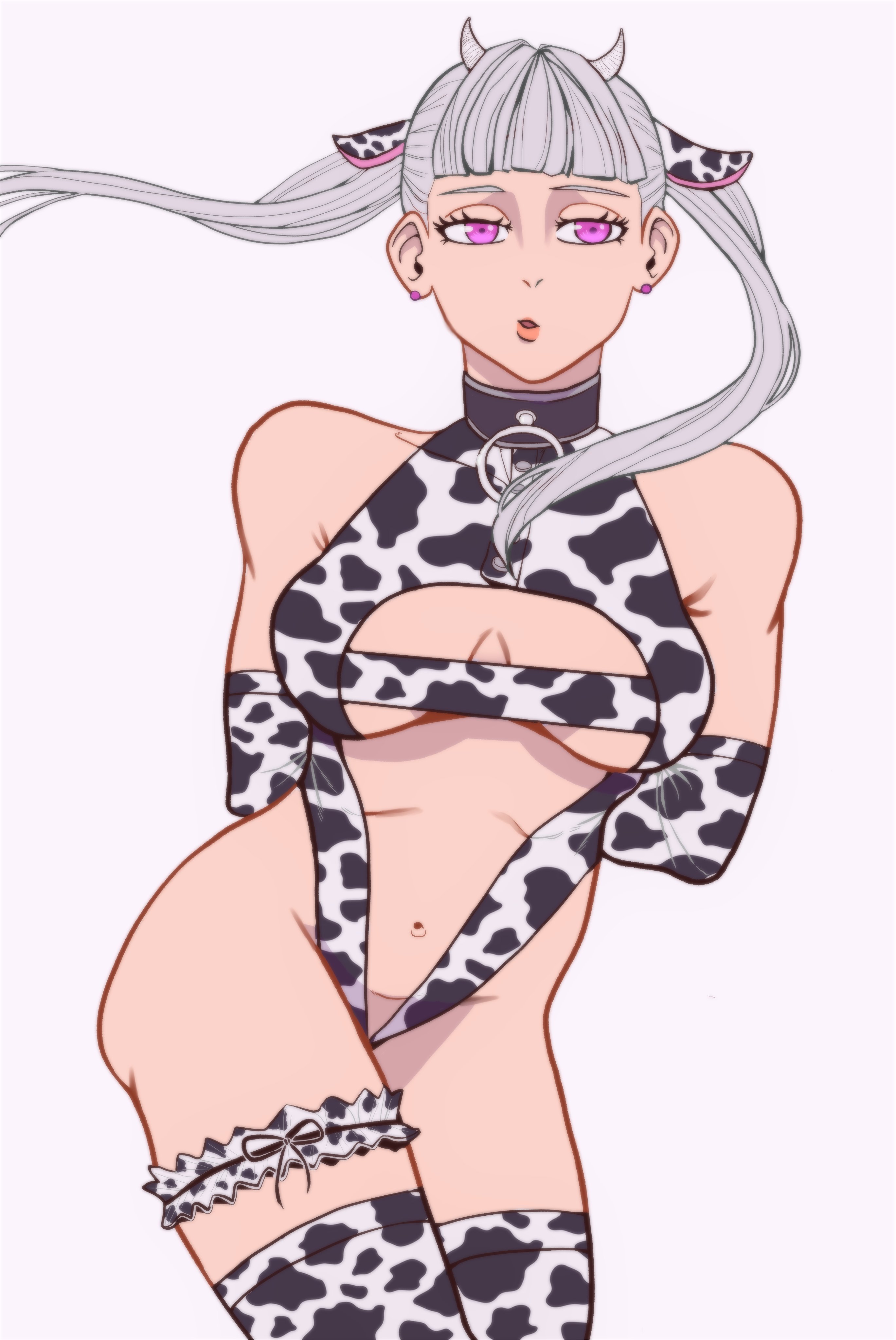 1girls, animal ears, animal print, belt, black clover, breasts, cow ears, cow girl, cow horns, cow print, earrings, female, gloves, long hair, medium breasts, noelle silva, purple eyes, thick thighs, tight clothing, underwear, white background, white hair, white skin