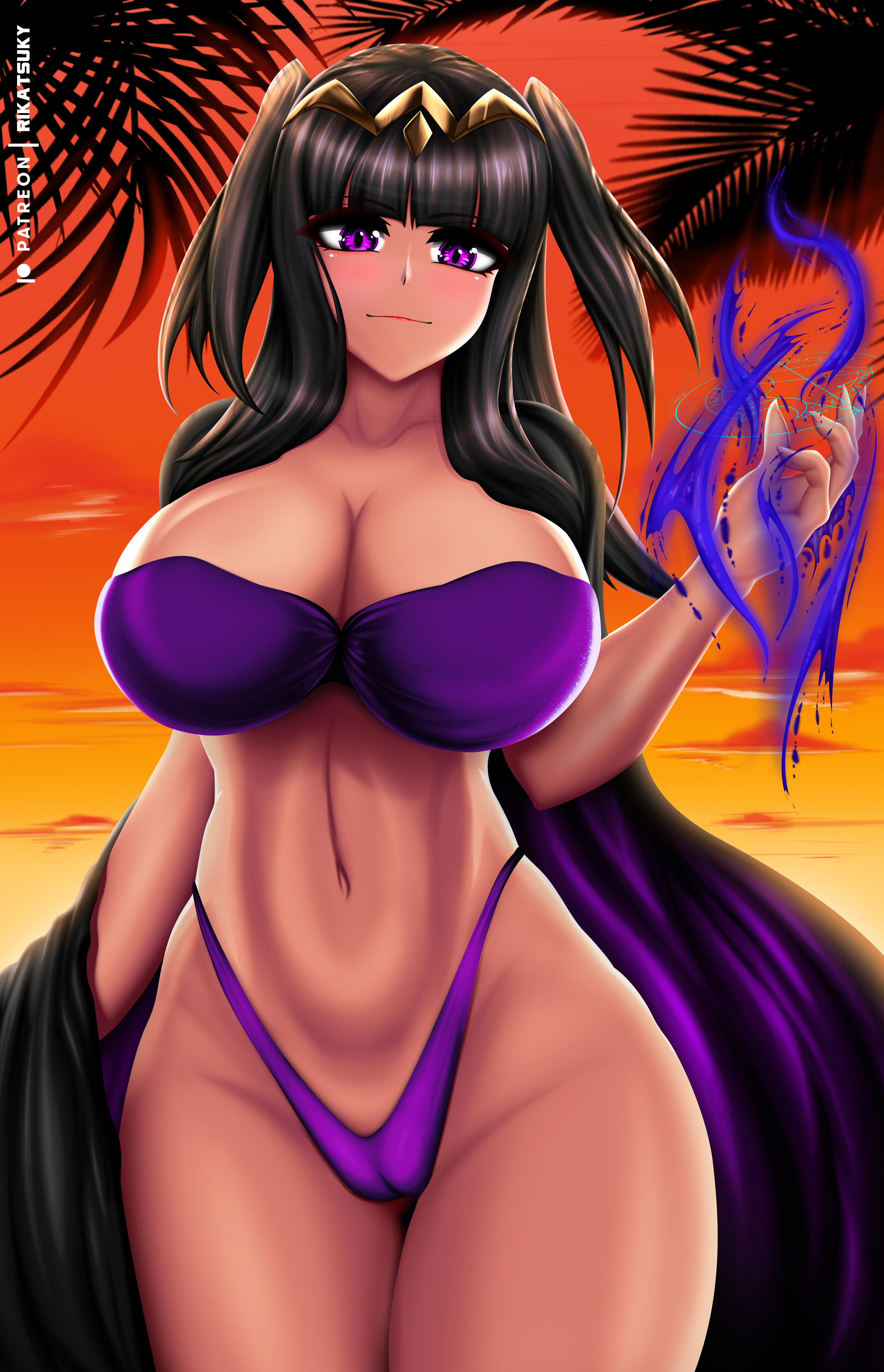 1girls, alternate costume, bangs, bikini, black hair, breasts, cape, cleavage, collarbone, curvy, female, fire emblem, fire emblem awakening, goth, huge breasts, long hair, looking at viewer, magic, nintendo, palm tree, partially visible vulva, purple bikini, purple eyes, purple swimsuit, pussy, rikatsuky, smile, solo, sunset, swimsuit, tharja (fire emblem), thick thighs, tree, voluptuous
