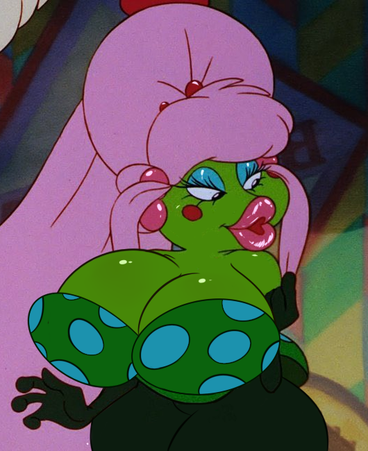 1girls anthro big_breasts big_lips breasts digitaldomain123 don_bluth earrings edit female green_skin huge_breasts huge_lips lips mrs._toad pink_hair red_lips screenshot_edit shiny_breasts shiny_lips shiny_skin thumbelina_(1994_film) toad