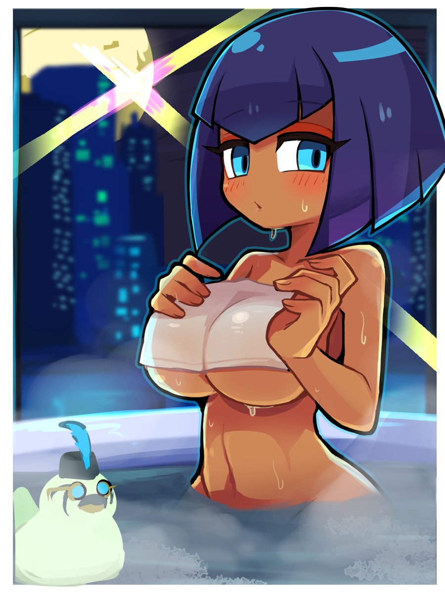 1girls bath big_breasts blue_eyes bob_cut breasts covered_nipples egyptian eliza_(skullgirls) female female_only jimafy large_breasts nude_female short_hair skullgirls towel water wet