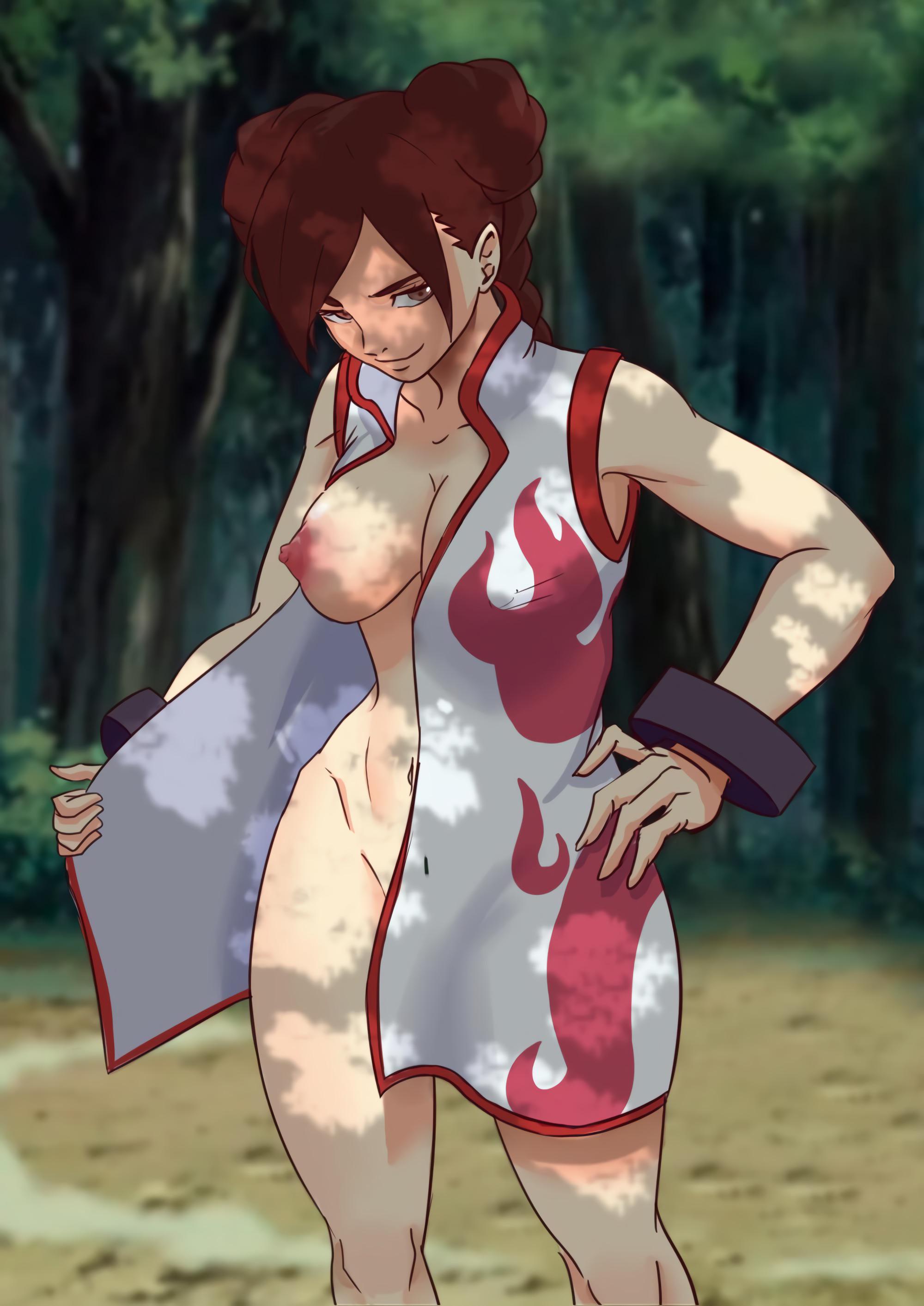 1girls, areolae, bangs, bracelet, braided hair, breasts, breasts out, brown eyes, brown hair, cleavage, collarbone, double bun, dress, exhibitionism, female, female only, flashing, forest, hair bun, hand on hip, high resolution, highres, human, looking at viewer, naruto, naruto (series), naruto shippuden, naruto: the last, navel, nipples, no bra, no panties, one breast out, open shirt, outdoors, perky breasts, ponytail, puffy nipples, revealing clothes, shadow, smile, smirk, solo, solo focus, standing, tenten, uncensored, undressing, zanzagen