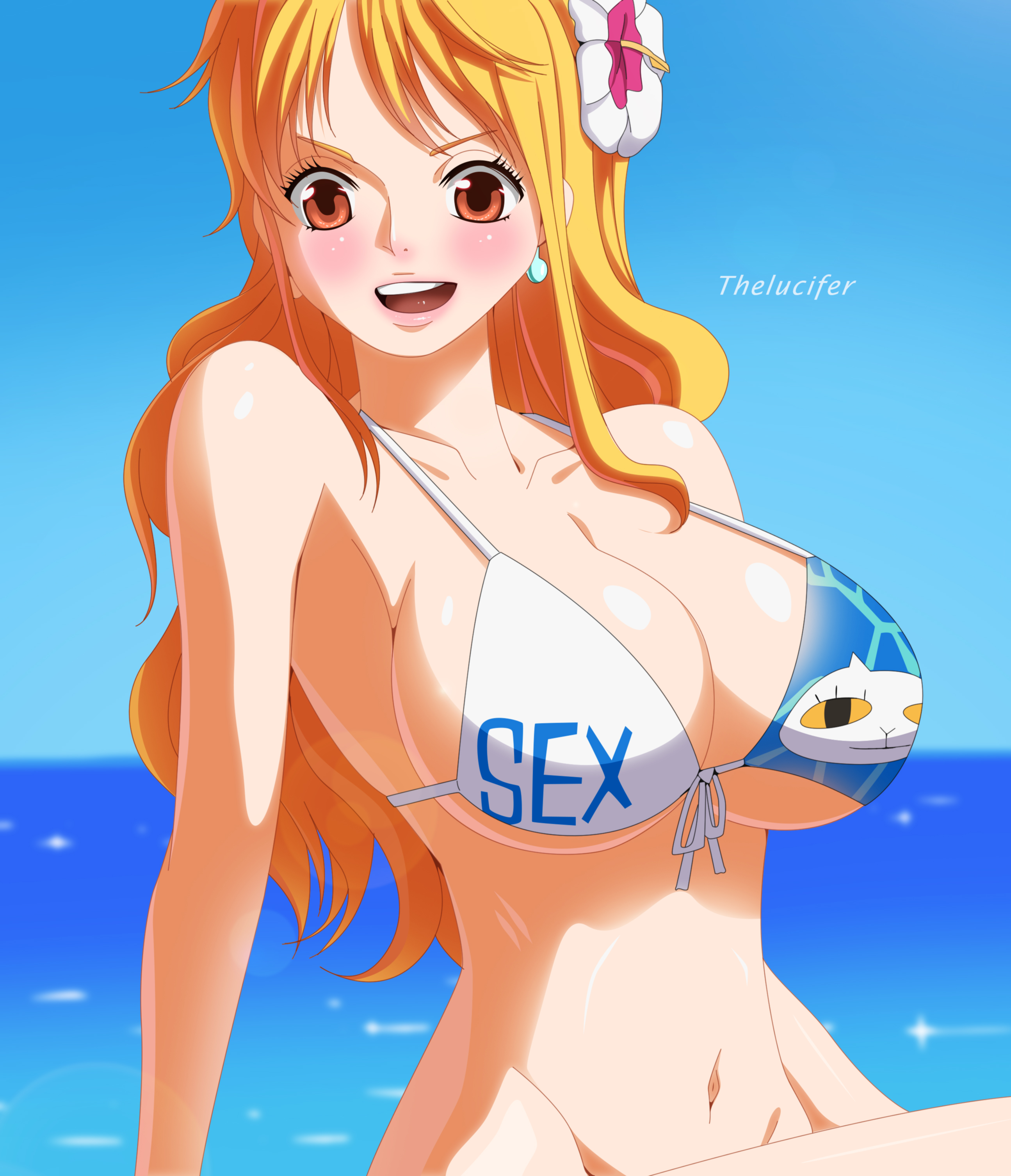 1girls, absurd res, artist name, bangs, bare shoulders, bikini, bikini top, blurry background, blush, bottomless, breasts, cleavage, clothing, collarbone, earrings, english text, eyelashes, female, female focus, female only, flower, flower in hair, hair flower, hair ornament, hibiscus, hips, human, human female, jewelry, lips, long hair, looking at viewer, nami (one piece), navel, ocean, one piece, one piece film gold, open mouth, orange eyes, orange hair, orange-haired female, outside, post-timeskip, redraw, revealing clothes, shiny skin, sideboob, sitting, skimpy, solo, solo female, swimsuit, teeth, text, thelucifer, thighs, underboob, voluptuous, water