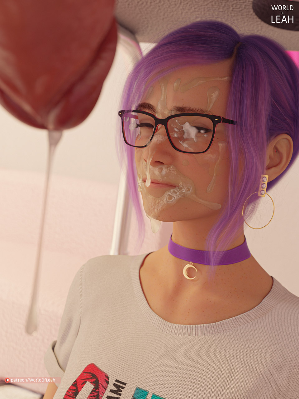 1boy, 3d, 3dx, big penis, cfnm, choker, cum, cum on face, female, huge cock, large penis, lily walker, male, milking table, penis, purple hair, realistic, teenager, worldofleah