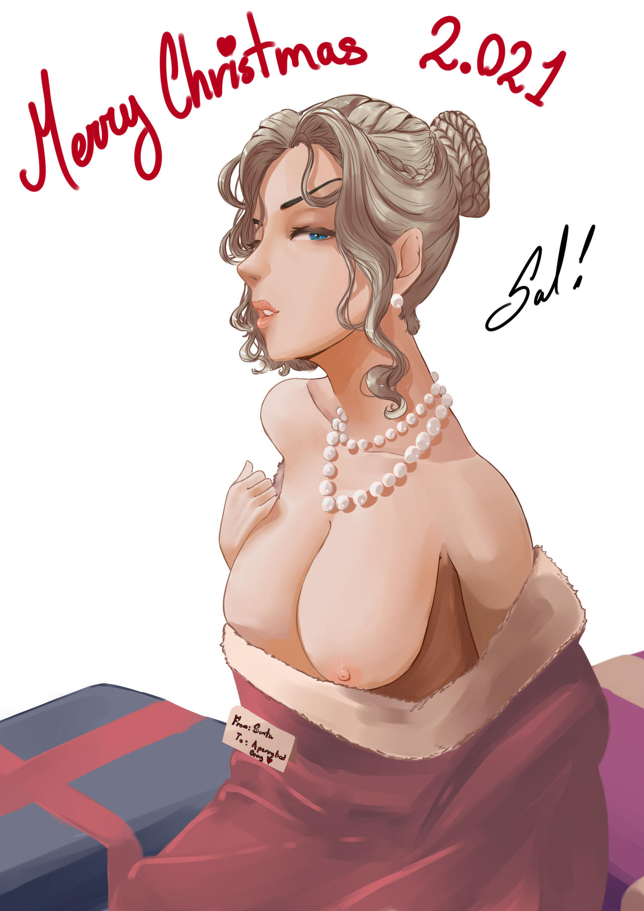 1girls 2021 big_breasts blue_eyes breasts christmas digital_painting_(artwork) female female_only happy_new_year large_breasts mature_content milf mrs._claus nipples nude nude_female oppai pearl_necklace pointy_ears salsdraws silver_hair solo undressing