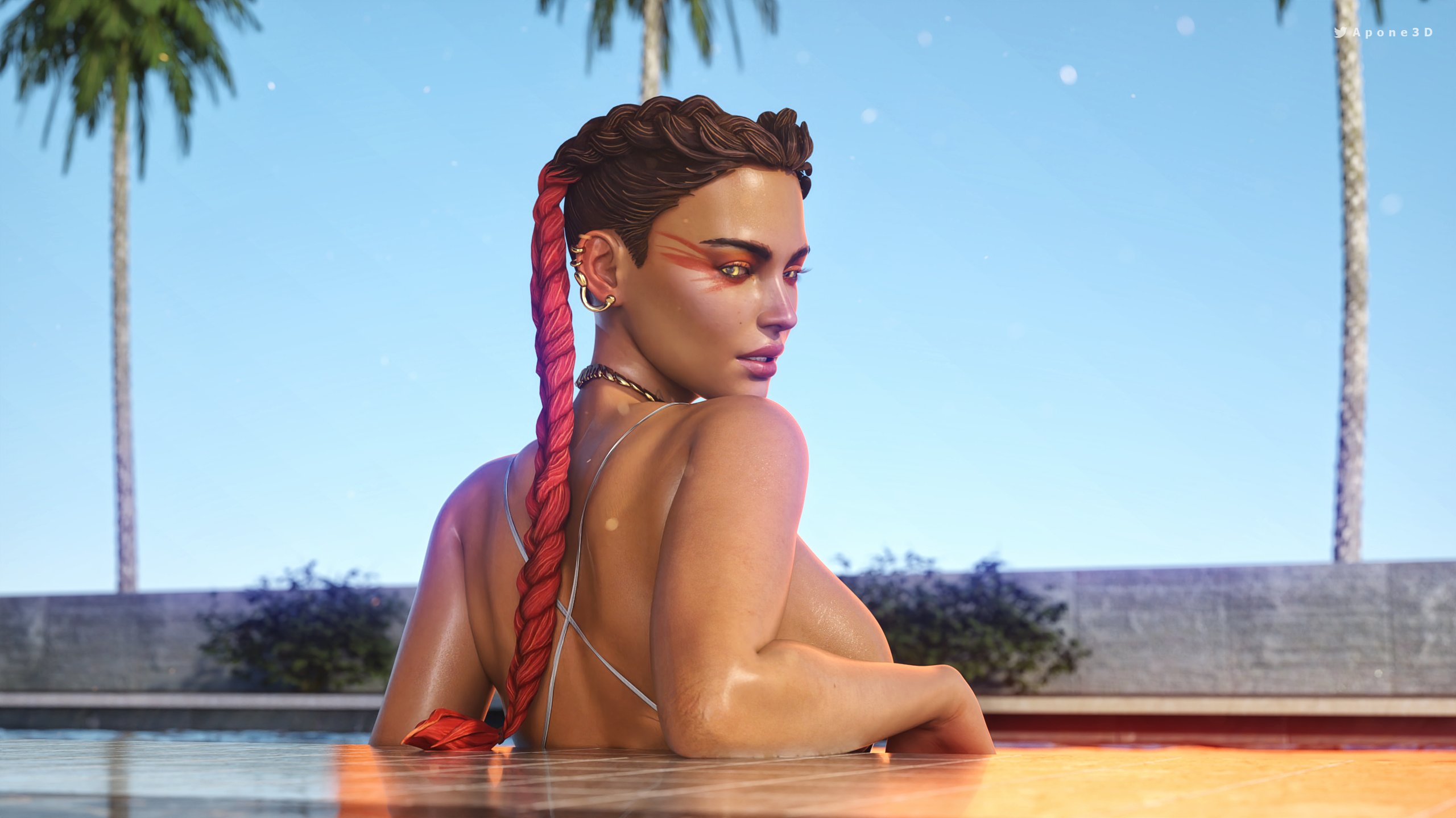 1girls, 3d, apex legends, apone3d, big breasts, bikini, bimbo, bracelet, braided twintails, breasts, brown hair, curvy, daz studio, earrings, female, female only, hourglass figure, large breasts, loba (apex legends), looking at viewer, one-piece swimsuit, pool, poolsid, ring, solo, swimsuit, two-tone hair, voluptuous, wet skin
