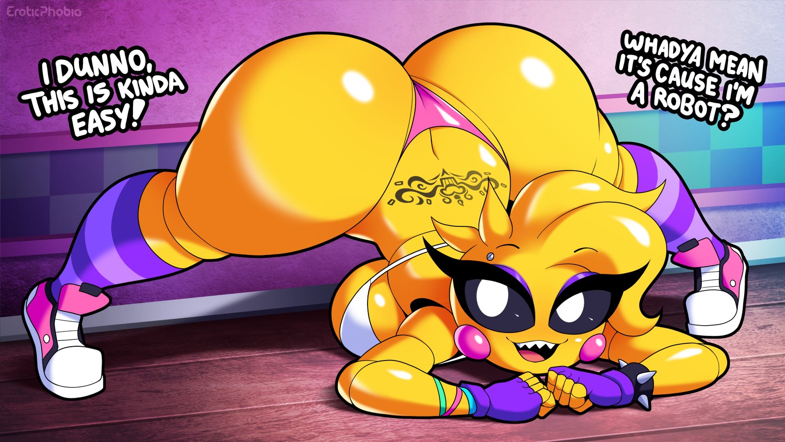 1girls, 2021, ass, ass cleavage, ass crack, big ass, big breasts, breasts, butt crack, dialogue, eroticphobia, female, five nights at freddy's, five nights at freddy's 2, gigantic ass, huge ass, jack-o pose, looking at viewer, sharp teeth, smiling, smiling at viewer, solo, striped legwear, talking to viewer, text, thong, toy chica (eroticphobia), toy chica (fnaf), tramp stamp, video games