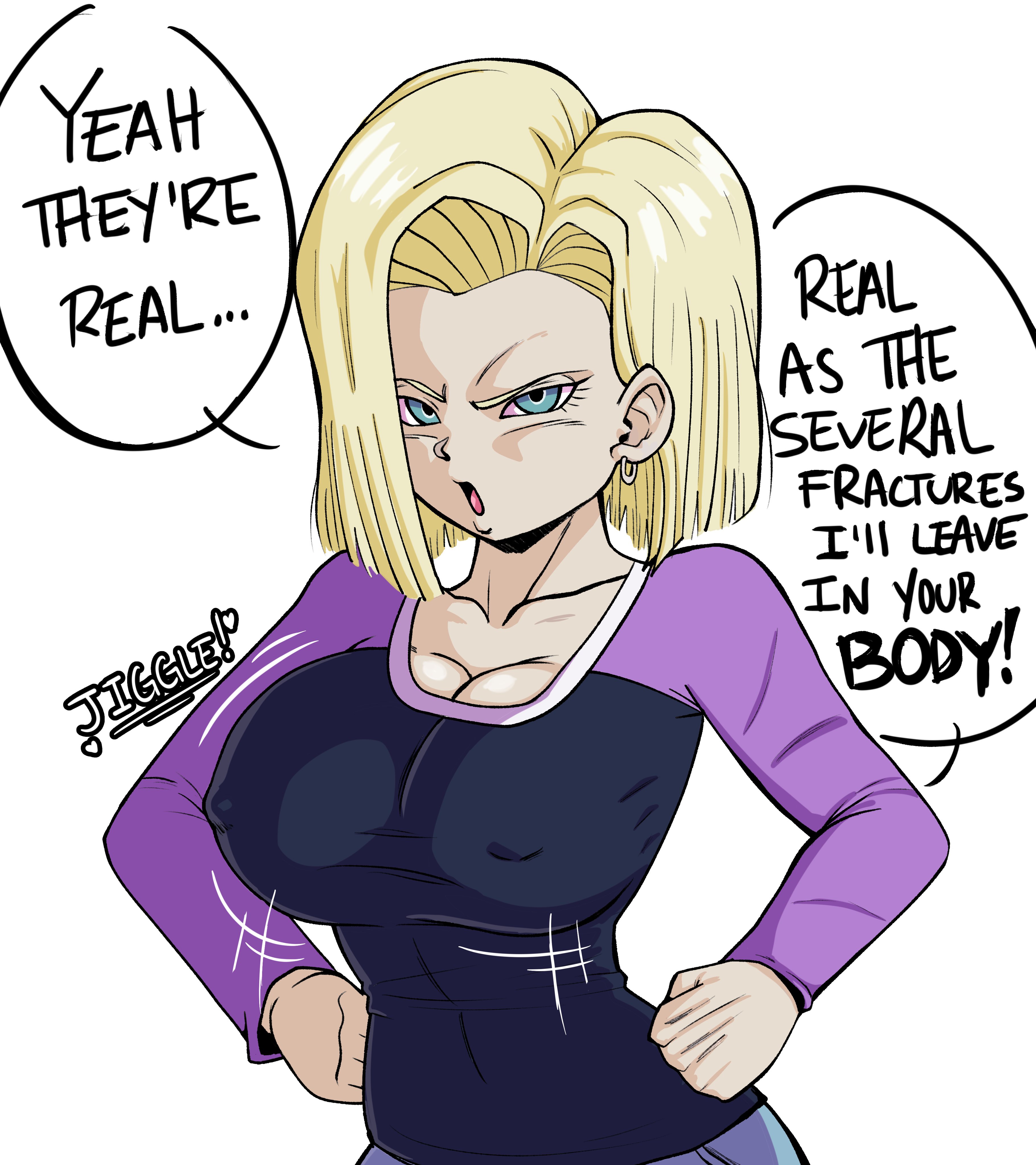 android 18, big breasts, blonde hair, blue eyes, breast jiggle, breasts, busty, cleavage, clothing, dragon ball, dragon ball super, earrings, english text, female, jiggle, large breasts, light skin, light-skinned female, nipples, nipples visible through clothing, pseudocel, speech bubble, text, tight clothing