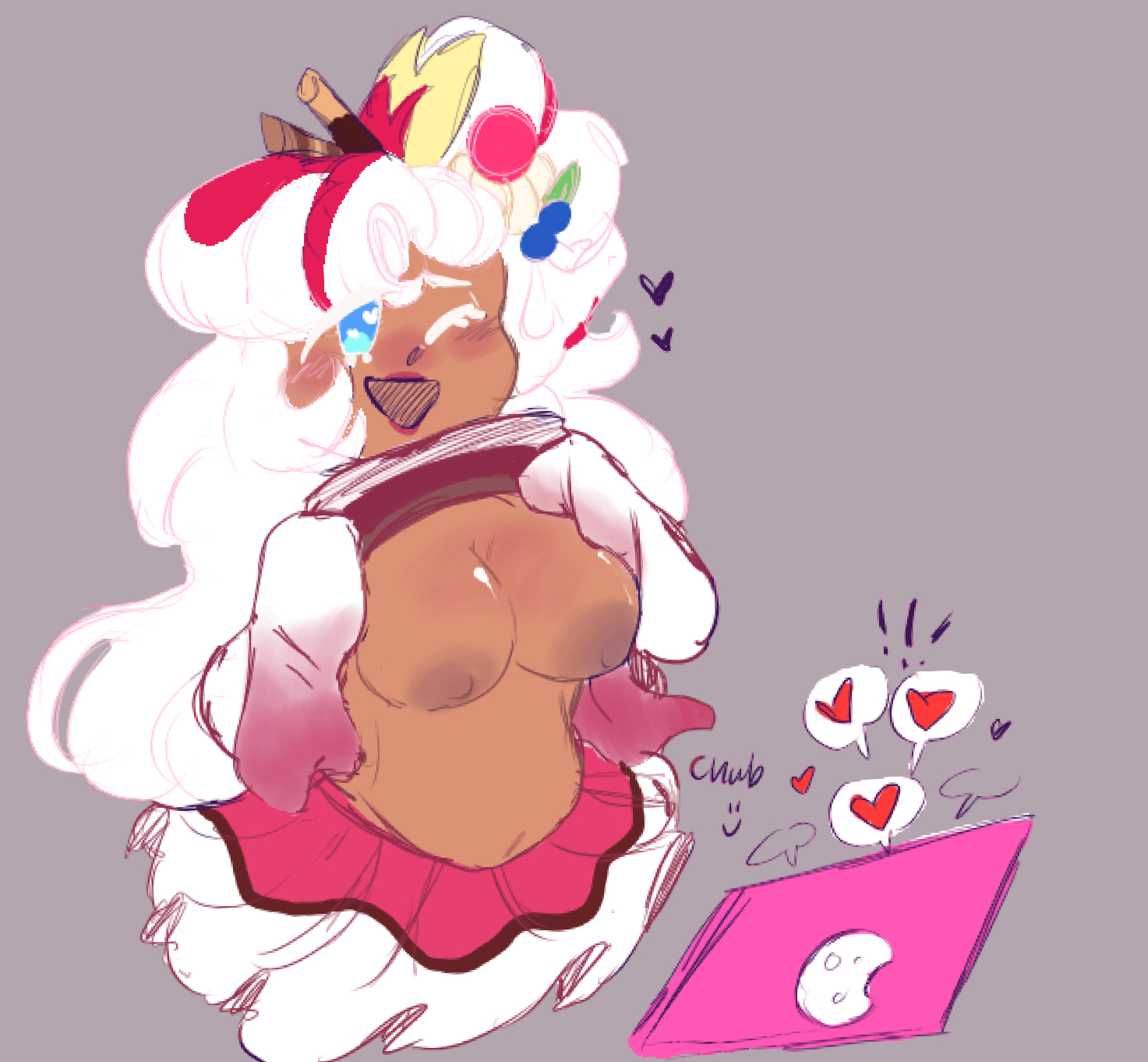 artist request, blush, blush lines, blushing, breasts, breasts out, chubby, clothing, color, cookie, cookie run, cookie run kingdom, dress, female, hair, hair ribbon, happy, happy female, heart, hearts, hi res, idol, laptop, livestream, long hair, long sleeves, open mouth, parfait cookie, shirt, shirt lift, shirt pull, shirt up, showing breasts, simple background, singer, sketch, skirt, smiling, streaming, text, text bubble, very long hair, white hair, wink, winking