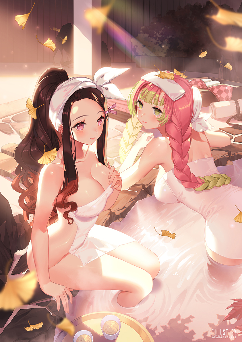 2girls, aged up, bangs, bathing, bathing together, bent over, big breasts, black hair, black-haired female, braided hair, breasts, cleavage, curly hair, dark hair, demon slayer, detailed background, female, female only, green eyes, hot spring, kamado nezuko, kanroji mitsuri, kimetsu no yaiba, long hair, onsen, orange sekaii, outside, pink hair, pink nipples, pink-haired female, ponytail, sitting, smile, towel, towel on head, towel only, two-tone hair, water