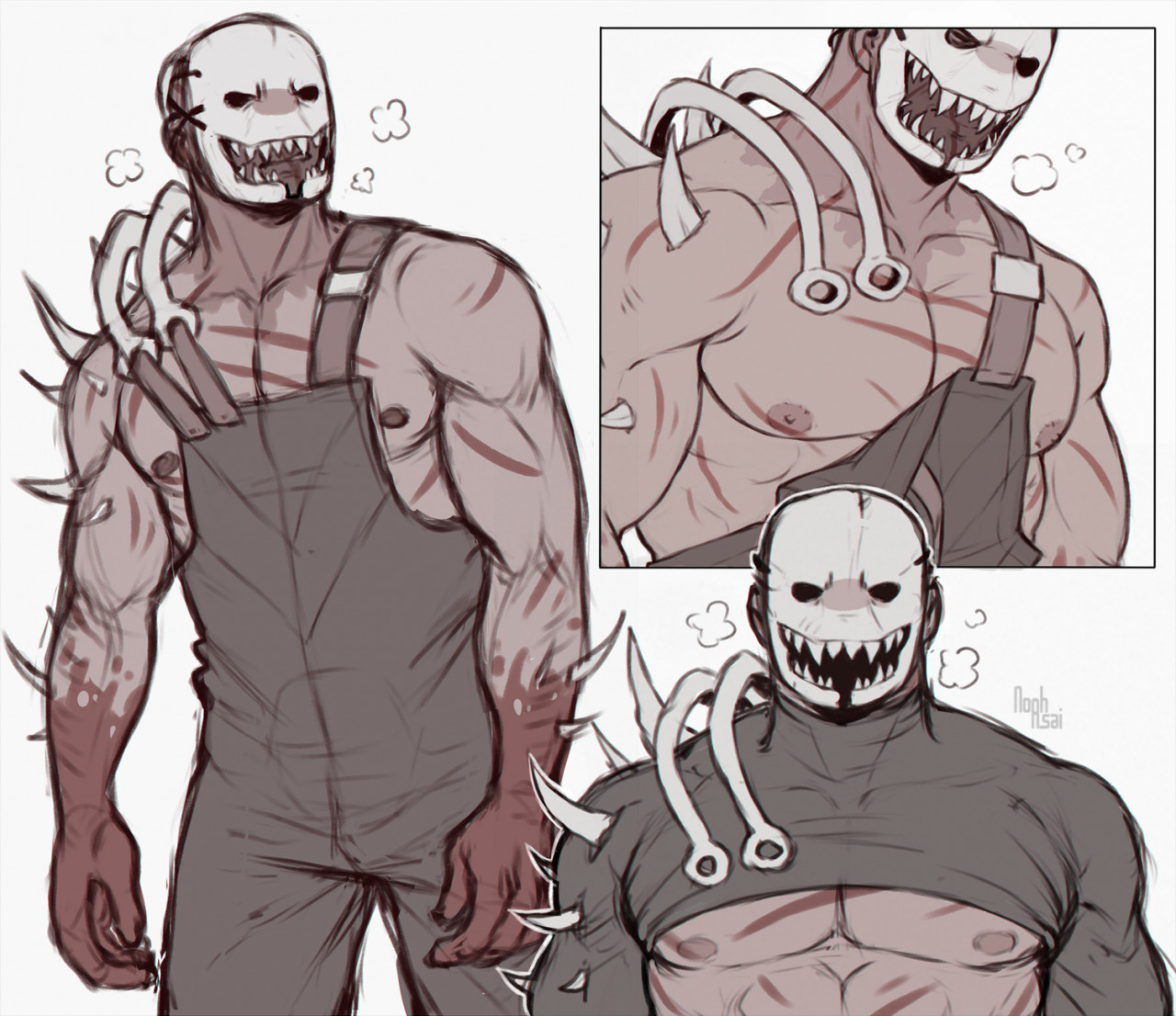 1boy, abs, bara, big muscles, clothed, clothing, dead by daylight, faceless male, long sleeves, looking at viewer, male, male focus, male only, mask, muscles, muscular, muscular male, nipples, noahasai, scar, scars, sharp teeth, solo, solo focus, solo male, spikes, teeth, the trapper, tight clothing, wardrobe malfunction, white background, yaoi