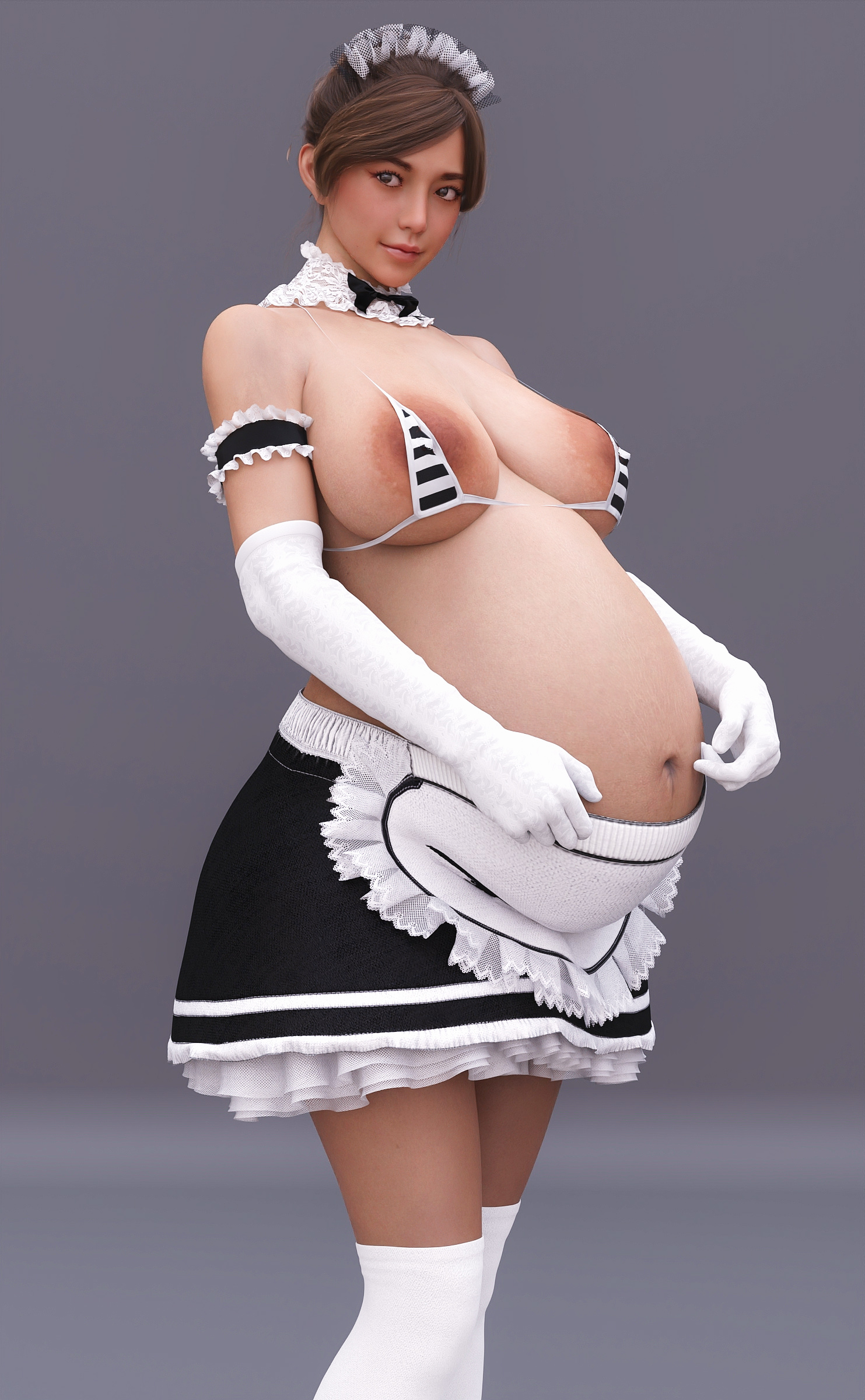 1girls, 3d, baritatsu, big breasts, breasts, female, female only, huge belly, large breasts, maid, maid bikini, maid headdress, pregnant, ready to pop, solo