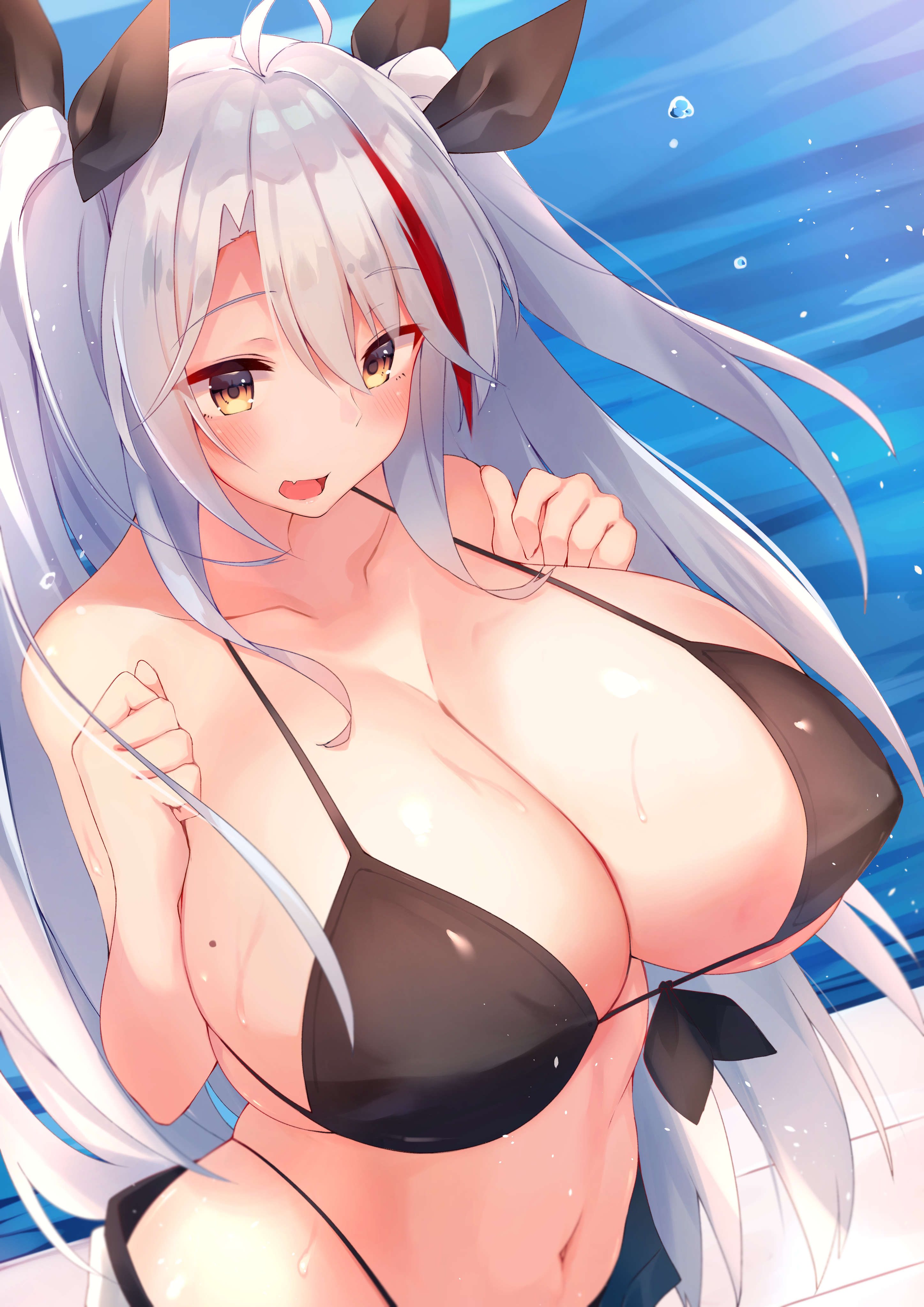 1girls, 2020, absurdres, antenna hair, azur lane, bikini, black bikini, black ribbon, blush, breasts, cleavage, commentary request, eyebrows visible through hair, female, female focus, female only, hair ornament, hair ribbon, highres, huge breasts, large breasts, long hair, looking at viewer, multicolored hair, navel, prinz eugen (azur lane), prinz eugen (unfading smile) (azur lane), red hair, ribbon, silver hair, solo, solo female, solo focus, streaked hair, swimsuit, two side up, u ronnta, very long hair, water drop