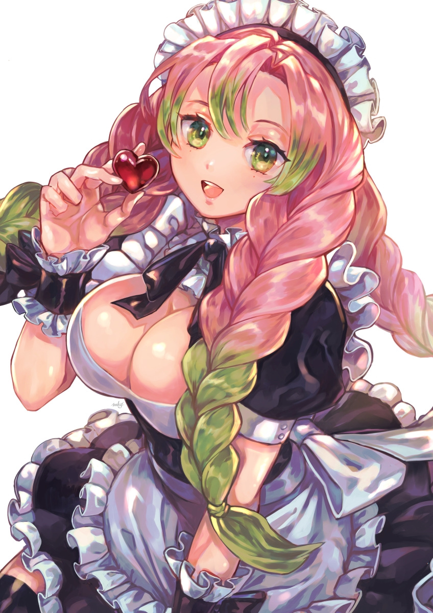1girls, alternate costume, apron, big breasts, boob window, braided hair, breasts, chocolate, cleavage, cleavage cutout, clothing, demon slayer, female, female only, frills, green eyes, kanroji mitsuri, kimetsu no yaiba, long hair, looking at viewer, maid, maid headdress, maid uniform, open mouth, pink hair, pink-haired female, short sleeves, smile, solo, thighhighs, two-tone hair, wrist cuffs