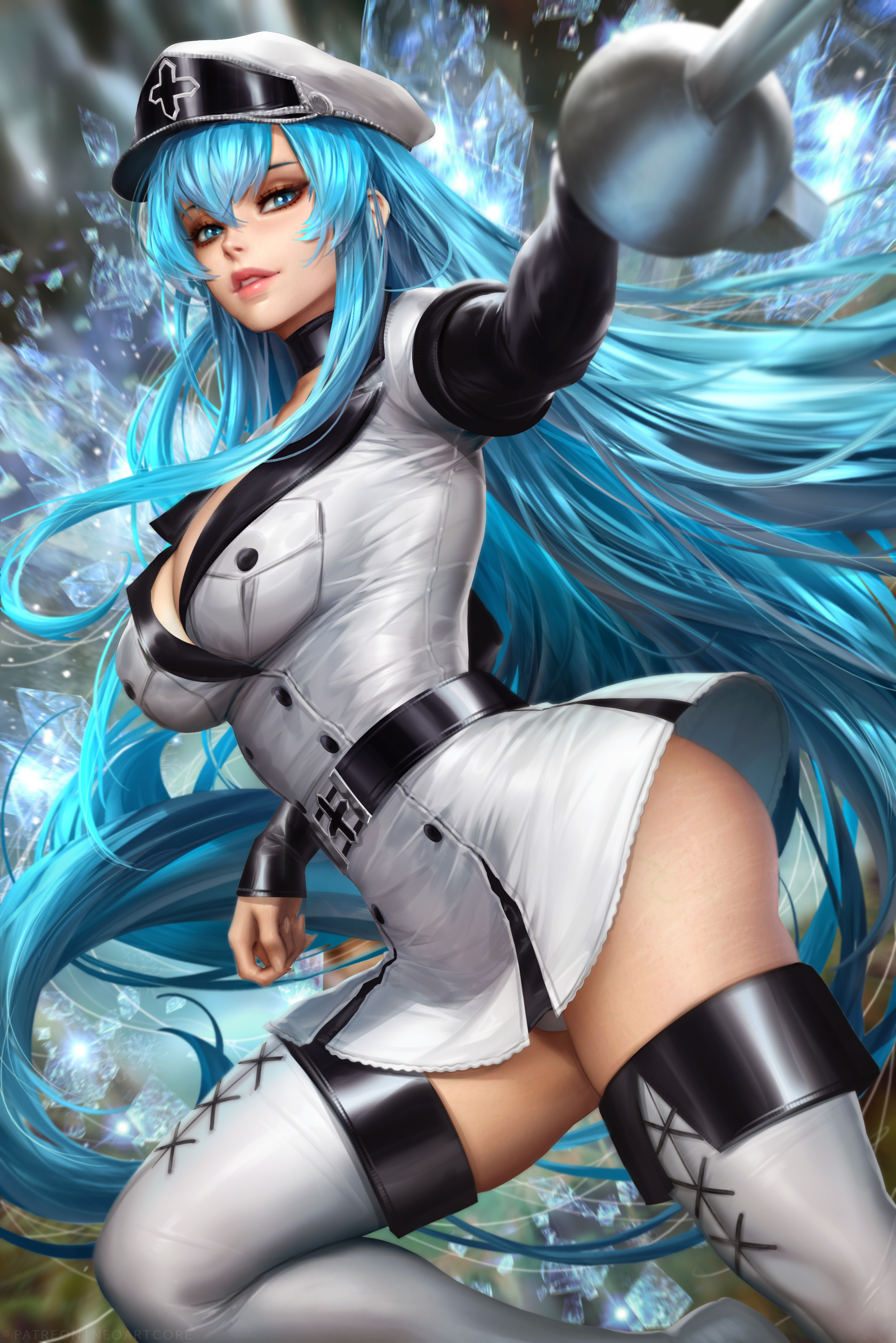 1girls, 2022, 2d, 2d (artwork), action pose, akame ga kill!, alternate version available, ass, bangs, big ass, big breasts, blue eyes, blue hair, breasts, choker, cleavage, clothed, clothing, cryokinesis, esdeath (akame ga kill!), female, female focus, female only, fit, fit female, hat, holding sword, holding weapon, human, human only, ice, large breasts, legs, long hair, mature, mature female, neoartcore, nudtawut thongmai, powers, questionable, rapier, sfw, side view, skirt lift, solo, solo female, solo focus, stretch marks, sword, thick ass, thick thighs, thigh boots, thighhighs, thighs, toned, toned female, uniform, very long hair, villainess, weapon