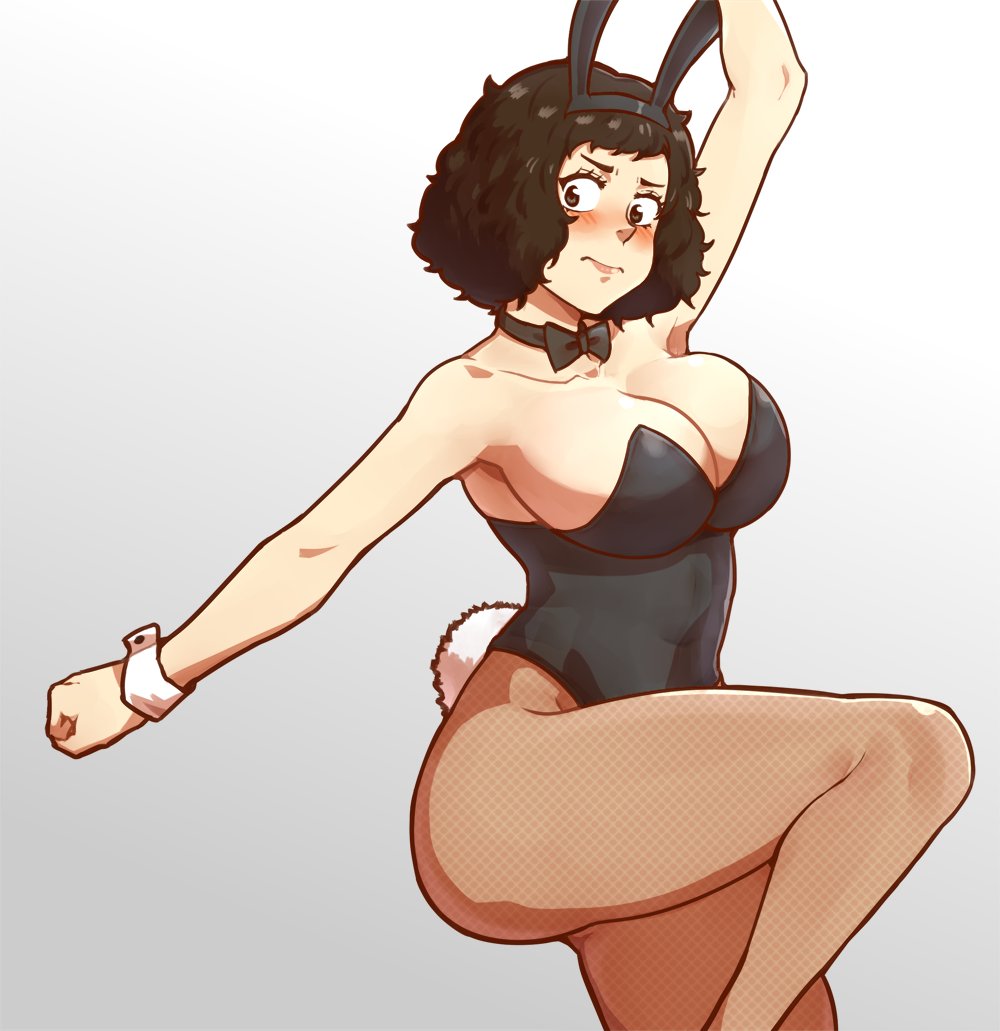 91m10, armpit, blush, breasts, bunny girl, bunny tail, bunnysuit, female, female focus, female only, persona, persona 5, ribbon, sadayo kawakami, shin megami tensei, short hair, solo female, thighs, voluptuous