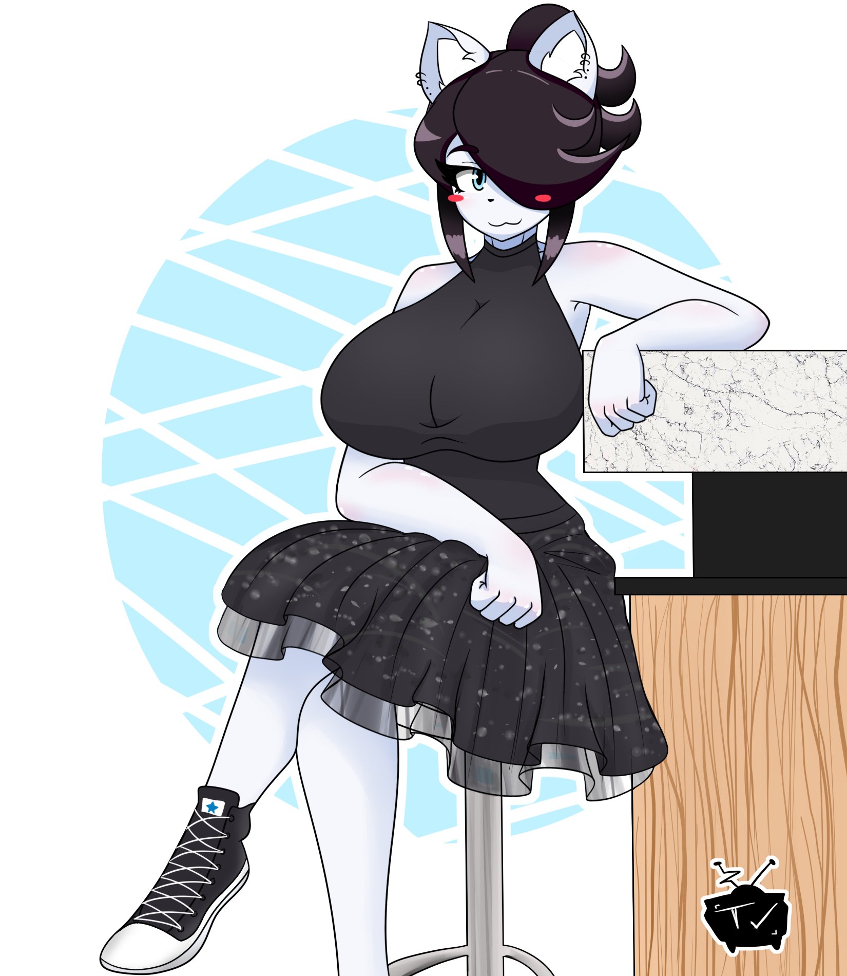 :3, 1girls, animal ears, arm support, artist request, big breasts, black dress, black hair, blue eyes, blush, blush stickers, breasts, cleavage, clothed, crossed legs, dress, female, female only, furry, furry only, maggie applebee, no humans, sitting, sitting on chair, skirt, solo, solo female, solo focus, white background, white fur, white skin