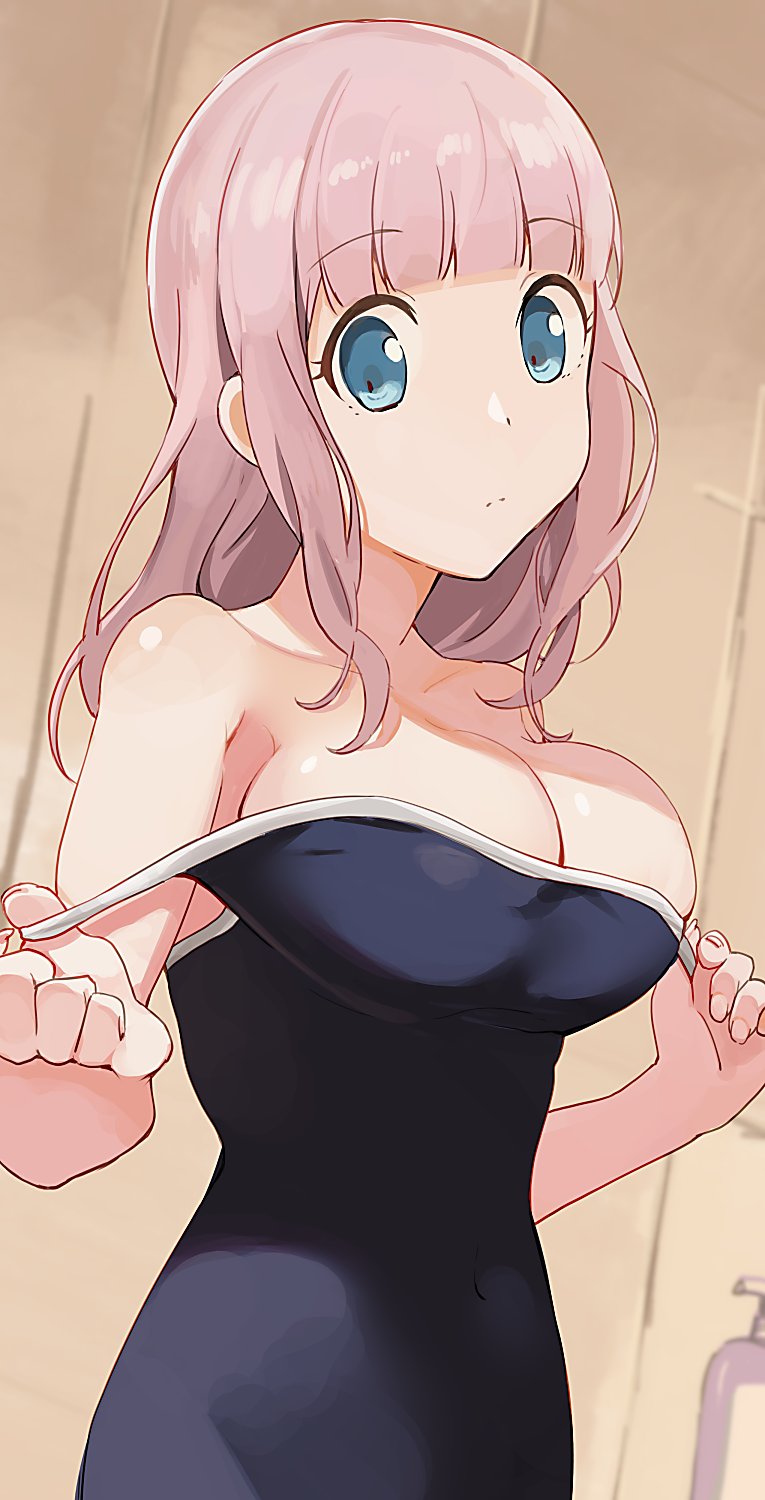 big_breasts fujiwara_chika hiroki_yyqw7151 kaguya-sama_wa_kokurasetai_~tensai-tachi_no_renai_zunousen~ pulling_down_swimsuit school_swimsuit shower swimsuit