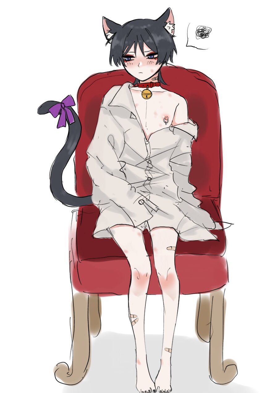 1boy, adult, androgynous, animal ears, bandage, bell, bite, bite mark, black hair, blush, cat boy, cat ears, cat tail, catboy, collar, femboy, genshin impact, hickey, jisoku39km, light skin, light-skinned male, loose clothes, male, nipple piercing, nipples, pale skin, pale-skinned femboy, pale-skinned male, piercing, scaramouche (genshin impact)
