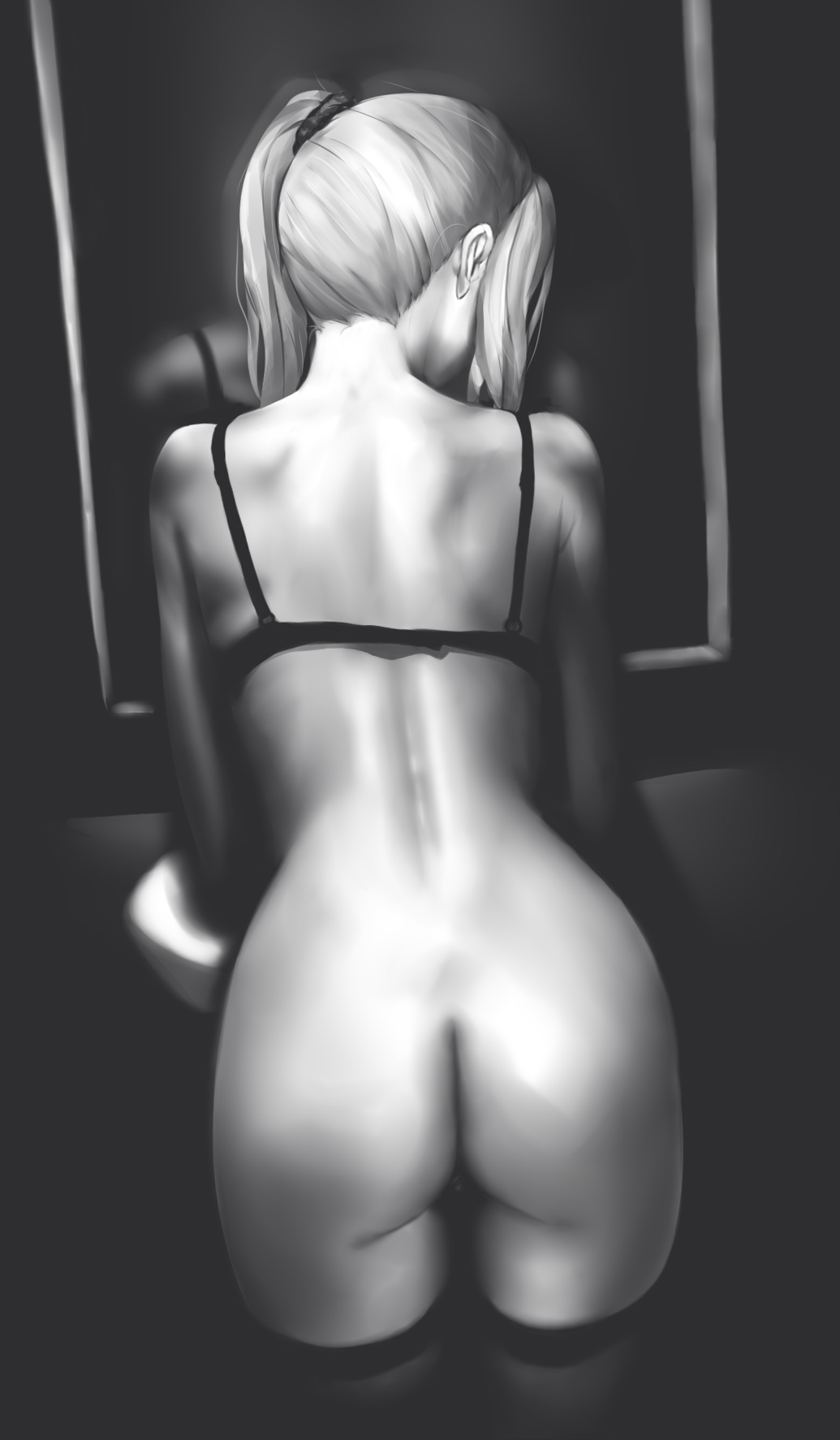 ass back_view bathroom black_and_white blonde_hair bra exposed_ass exposed_back from_behind hayasaka_ai head_turned kaguya-sama_wa_kokurasetai_~tensai-tachi_no_renai_zunousen~ light-skinned_female light_skin mirror monochrome ponytail shoulder_blades stockings thighhighs washroom