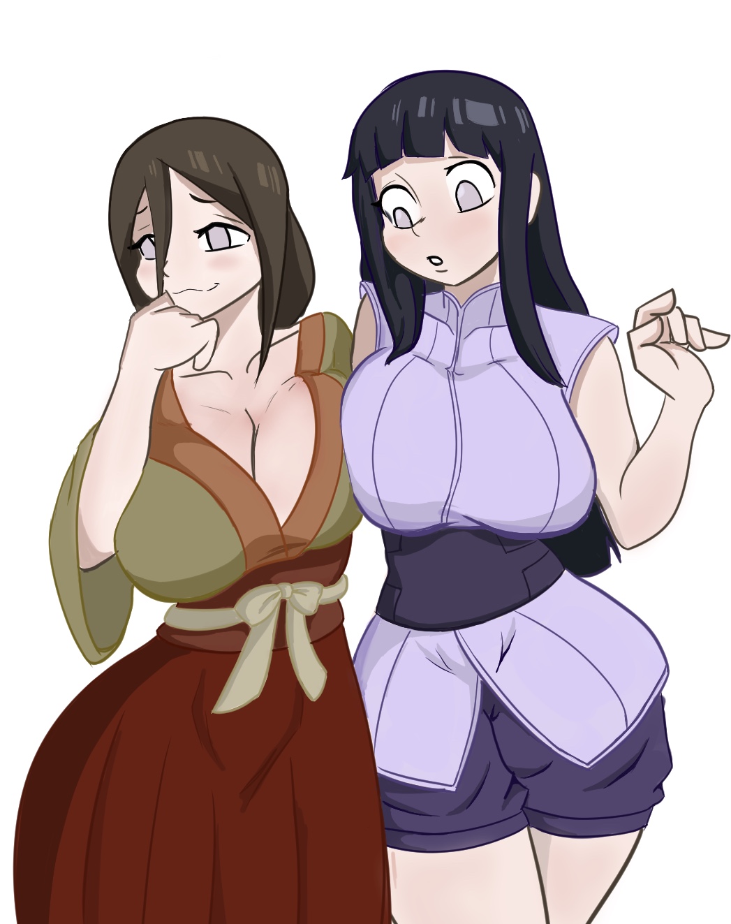 2girls, alternate breast size, asian clothing, big breasts, blue hair, blush, boruto: naruto next generations, breast press, breast squeeze, breasts, brown hair, busty, cleavage, clothed, clothing, curvaceous, curvy, curvy figure, female, female only, fully clothed, hakama, half-closed eyes, hourglass figure, human, hyuuga hanabi, hyuuga hinata, hyuuga hinata (naruto: the last), klassyarts (artist), large breasts, light skin, light-skinned female, long hair, looking at breasts, looking down, multiple females, multiple girls, naruto, naruto (series), naruto shippuden, naruto: the last, no bra, pale skin, pale-skinned female, purple eyes, shorts, shounen jump, sisters, sleeveless, sleeveless shirt, standing, teenager, wide hips, yukata