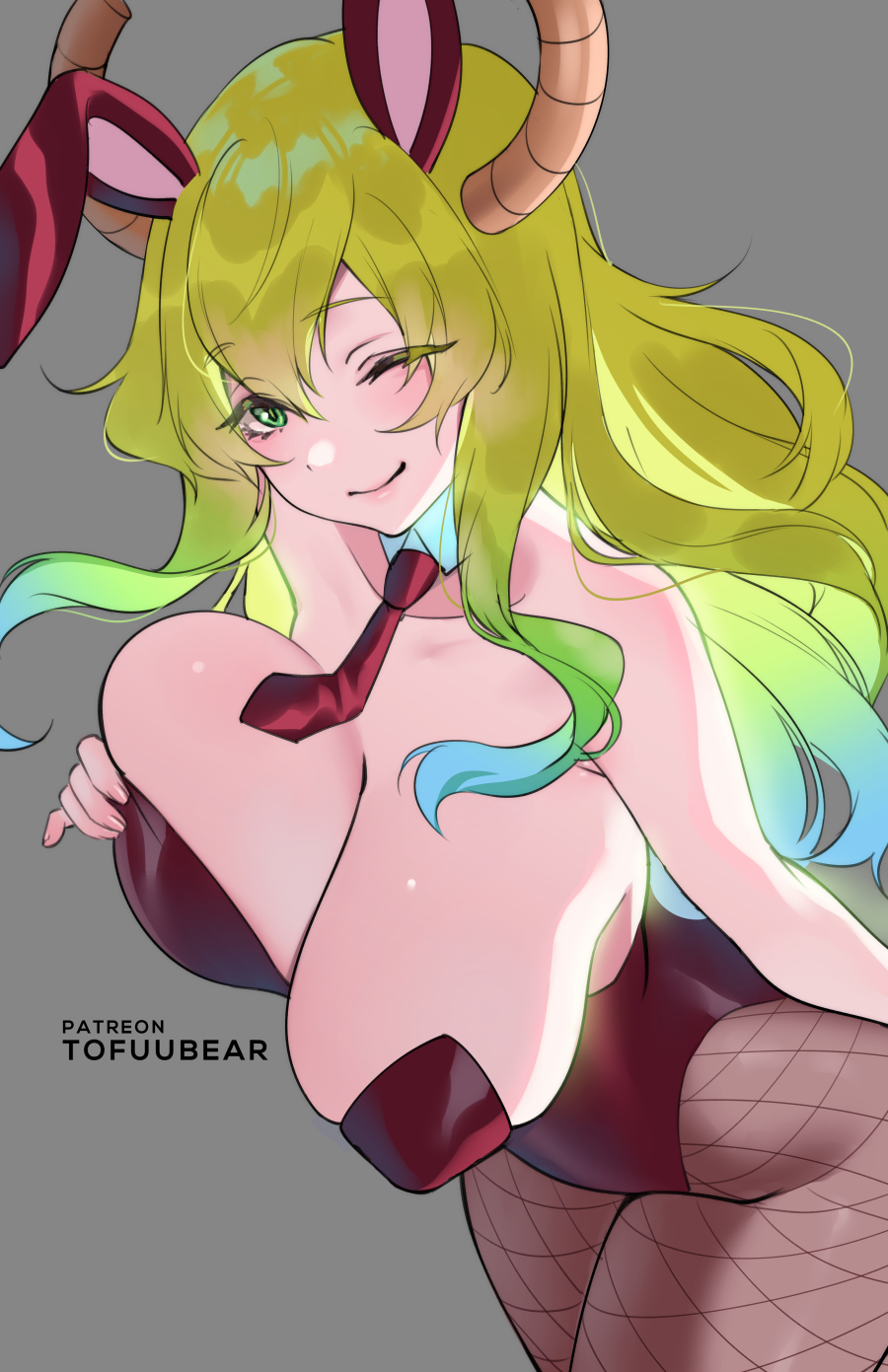 1girls, big breasts, breasts, bunny ears, bunny girl, bunnysuit, cleavage, female, female only, green eyes, large breasts, miss kobayashi's dragon maid, quetzalcoatl (dragon maid), solo, tofuubear
