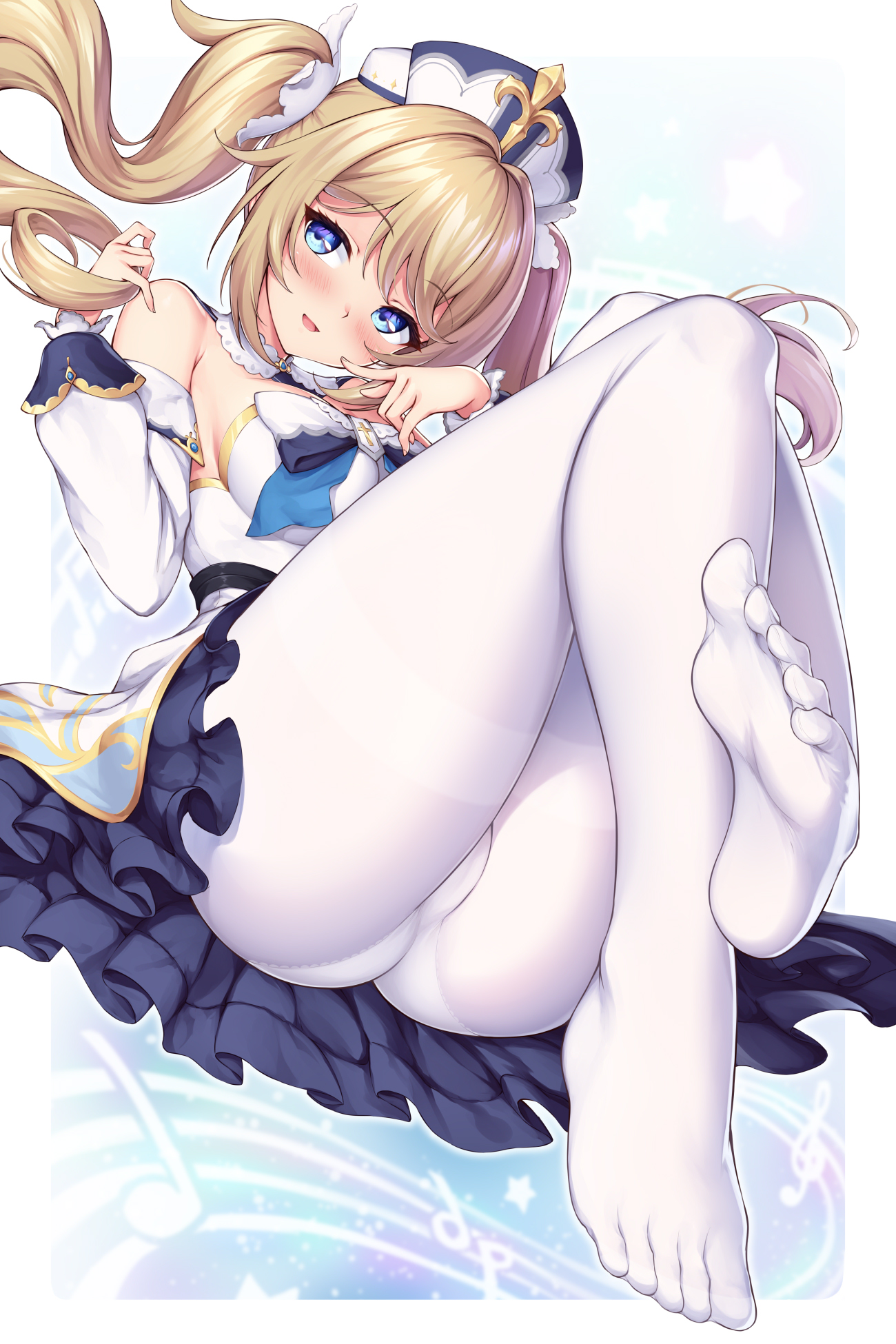 1girls, ass, barbara (genshin impact), blush, breasts, crossed legs, dress, feet, female, genshin impact, hat, hi res, ivenglynn, legs, nun, pantyhose, pantylines, thick thighs, toes, twintails, upskirt, white legwear