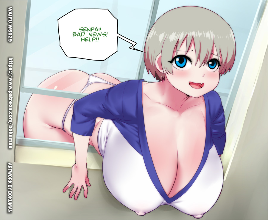 1girls, big breasts, blue eyes, bokuman, breasts, erect nipples, female, female only, grey hair, huge breasts, large breasts, nipples, short hair, solo, tight clothing, uzaki hana, uzaki-chan wa asobitai!