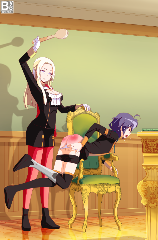 2girls ass barkyhito bent_over bent_over_chair bernadetta_von_varley big_ass blonde_hair blue_eyes brush chair chalkboard closed_eyes clothes_removed edelgard_von_hresvelg female_only femdom femsub fire_emblem fire_emblem:_three_houses frown garreg_mach_monastery_uniform indoors long_hair multiple_girls nintendo open_mouth panties panties_down punishment purple_eyes short_hair shorts shorts_down spanking white_panties yuri