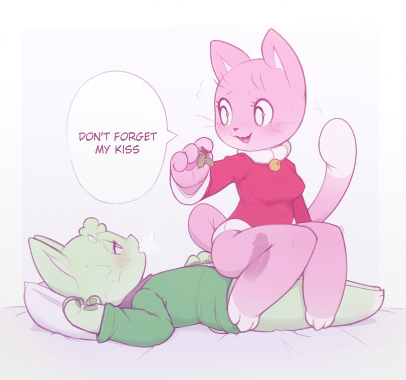 1boy, 1girls, anthro, bottomless, cat, christmas, clothed, clothing, dialogue, domestic cat, dominant female, duo, english text, feline, female, female penetrated, furry, furry only, green fur, kekitopu, male, mistletoe, mochi (kekitopu), partially clothed, penis, pink fur, sex, sitting, suama (kekitopu), submissive male, text, vaginal, vaginal penetration, vaginal sex