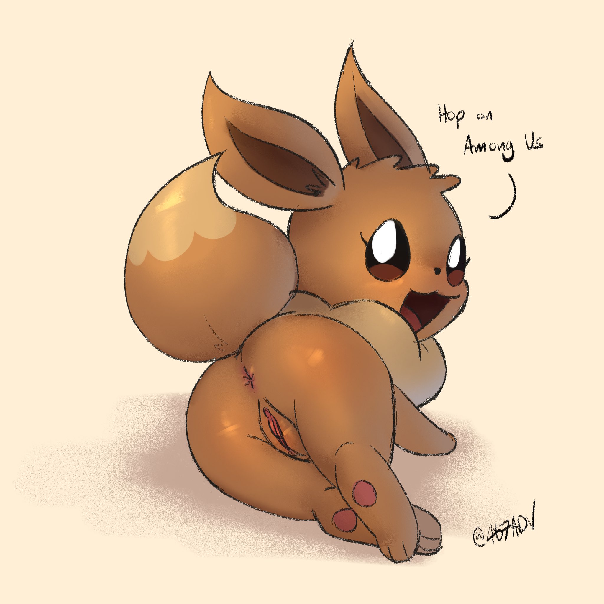 1:1, 467adv, anus, ass, brown body, brown butt, brown ears, brown fur, brown tail, dialogue, eevee, english text, female, feral, fur, furry, furry only, genitals, hi res, looking at viewer, looking back, looking back at viewer, meme, nintendo, open mouth, pokémon (species), pokemon, pokemon (species), presenting, presenting anus, presenting hindquarters, presenting pussy, pussy, solo, tail, text, video games