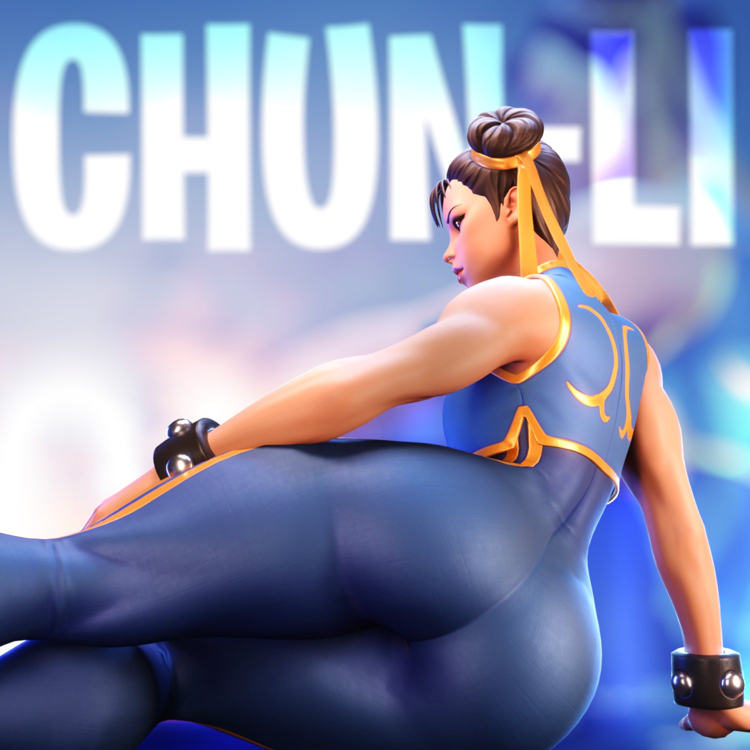 1girls, 3d, arm support, ass, back view, big ass, brown eyes, brown hair, capcom, chun-li, chun-li (fortnite), clothed, clothed female, clothing, double bun, female, female only, fortnite, fortnite: battle royale, fully clothed, ghastlyarts, looking at viewer, looking back, sitting on side, solo, solo female, street fighter, tagme