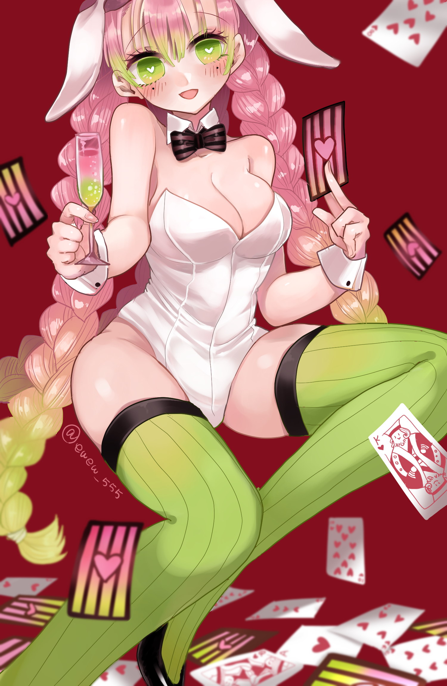 1girls, alcohol, blush, bowtie, braided hair, breasts, bunny ears, bunnysuit, cleavage, demon slayer, female, green eyes, heart-shaped pupils, kanroji mitsuri, kimetsu no yaiba, long hair, looking at viewer, medium breasts, mole under eye, pink hair, pink-haired female, red background, smile, solo, thighhighs, two-tone hair, wrist cuffs, zettai ryouiki