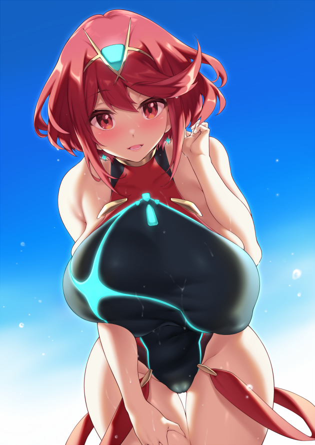 1girls 2021 alternate_costume alternate_version_available bangs beach black_swimsuit blue_sky blush competition_swimsuit core_crystal female female_focus female_only fuya_(tempupupu) hair_ornament hand_on_thigh hips large_breasts leaning_forward looking_at_viewer nintendo one-piece_swimsuit outdoors pyra red_eyes red_hair short_hair slim_waist smile suspenders suspenders_hanging swept_bangs swimsuit thick_thighs thigh_gap thighs tiara tight_clothing tight_fit tight_swimsuit wide_hips xenoblade_(series) xenoblade_chronicles_2