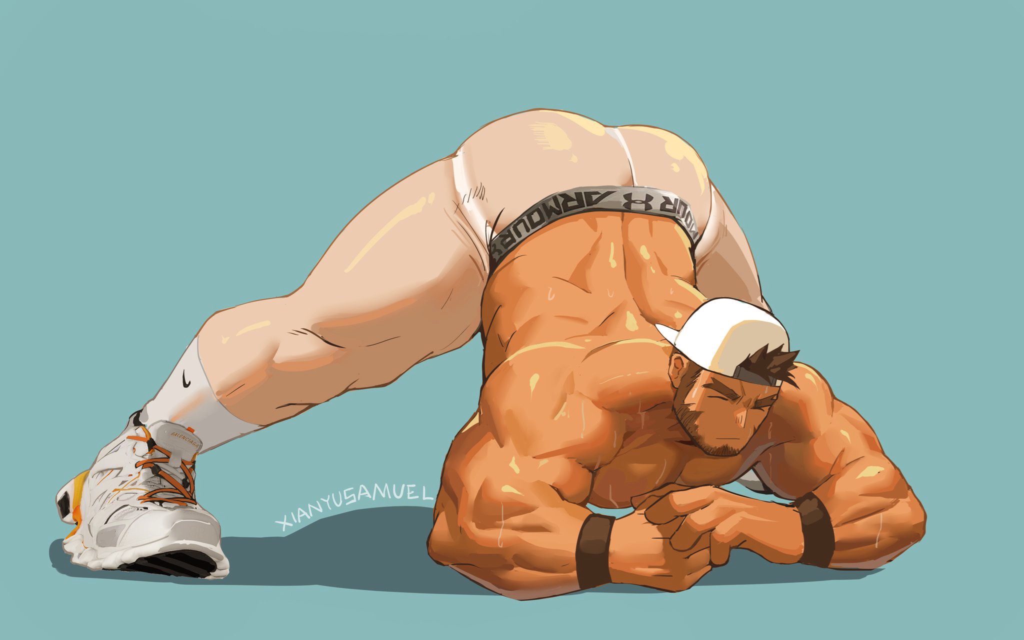 1boy, anus, arched back, arms, ass, ass crack, ass focus, ass up, ass visible through thighs, athlete, athletic, athletic male, back muscles, back view, backside, bara, beard, biceps, big ass, big butt, big muscles, big thighs, blue background, brown hair, bubble ass, bubble butt, butt crack, butt focus, color, dark skin, dark-skinned male, digital media (artwork), face down ass up, facial hair, fit, fitness, football, football player, football uniform, gay, gay male, huge ass, huge butt, human, jack-o pose, jackochallenge, legs, legs apart, legs spread, male, male focus, male only, male pov, male/male, muscles, muscular, muscular male, panties, pecs, see-through, see-through clothing, shadow, shiny skin, shirtless, shirtless (male), shoes, short hair, socks, socks and shoes, sport, sportswear, spread arms, spread ass, spread legs, sweat, sweatdrop, sweating, sweaty, sweaty ass, sweaty body, sweaty butt, sweaty thighs, thick ass, thick body, thick eyebrows, thick legs, thick thighs, thighs, tight, tight clothes, tight clothing, tight fit, tight pants, training, underwear, waist, watermark, white cap, wristband, xianyusamuel, yaoi