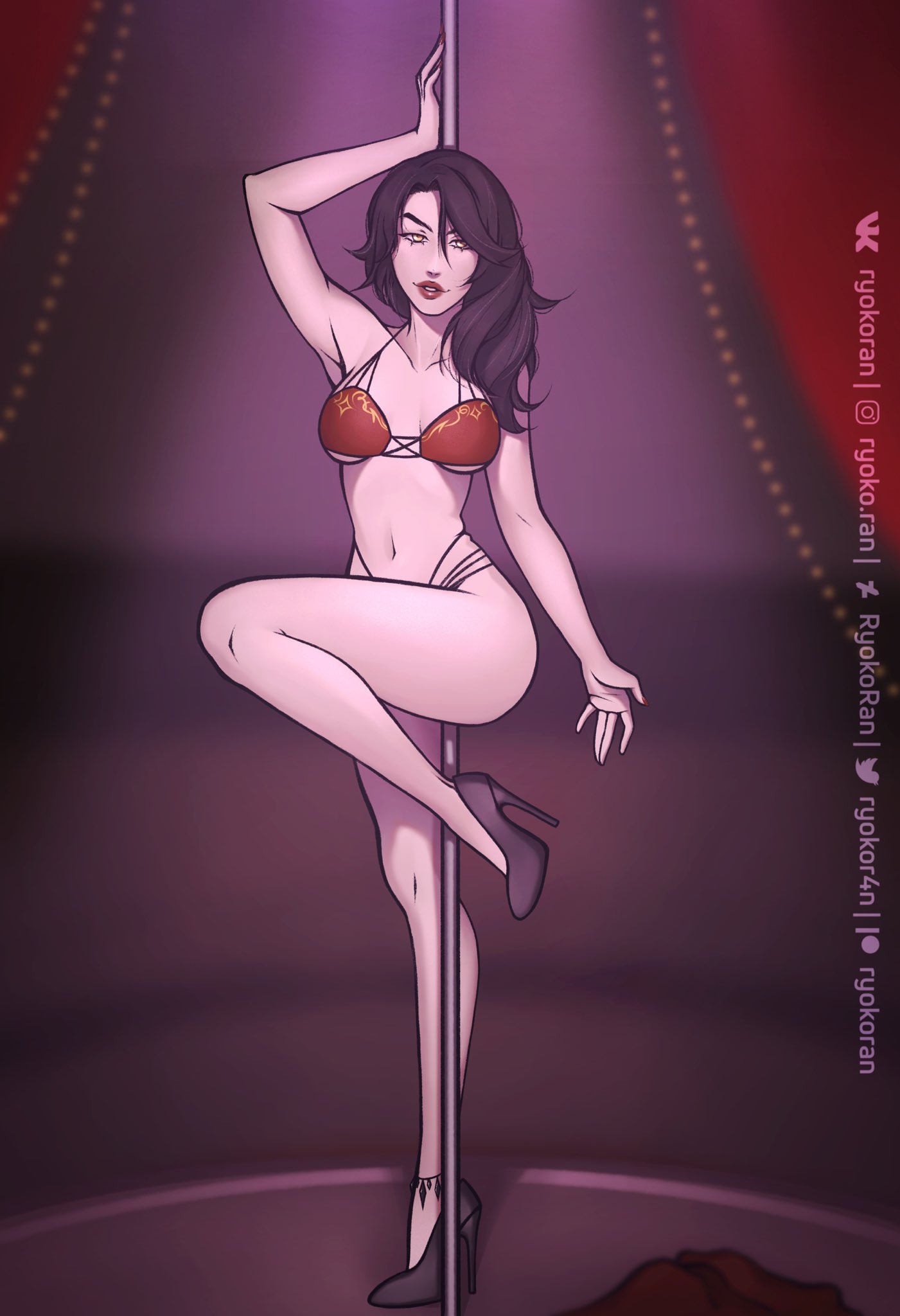 1girls, amber eyes, big breasts, black hair, bra, breasts, cinder fall, female, pinup, pole, pole dancing, rooster teeth, rwby, ryokoran, shoes, solo, solo female, solo focus, stripper, stripper pole, stripping
