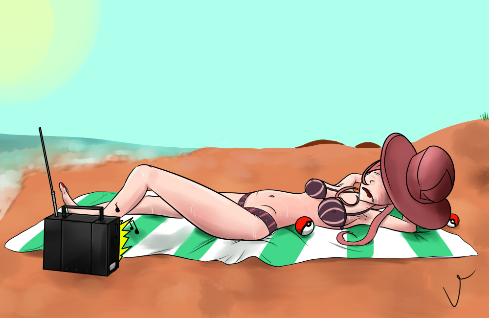 1girls battle_chatelaine beach bikini dana_(pokemon) female hat nintendo pokemon pokemon_xy radio swimsuit