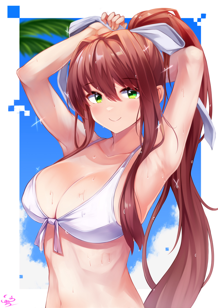 1girls arms_behind_head artist_request bikini breasts brown_hair doki_doki_literature_club female front-tie_bikini green_eyes hair_ribbon irohasu large_breasts long_hair looking_at_viewer monika_(doki_doki_literature_club) ponytail ribbon smile solo solo_female swimsuit wet white_bikini wholesome