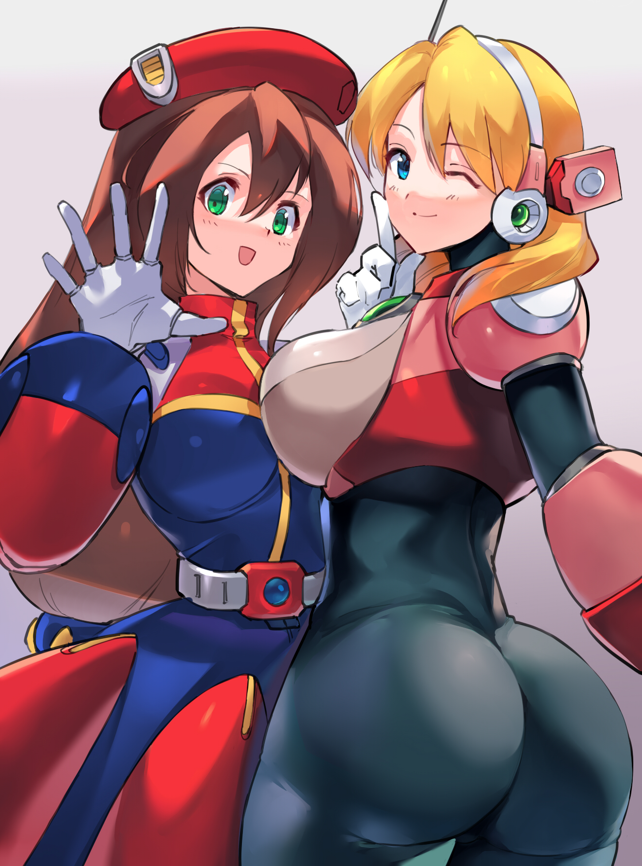 ;), :), 2girls, alia, android, ass, ass crack, belt, big ass, big breasts, big butt, blonde hair, blue eyes, bodysuit, boobs and butt pose, breasts, breasts pressed against partner, brown hair, bubble ass, bubble butt, busty, butt crack, cleavage, clothed, curvaceous, curvy, cute, dress, enormous ass, enormous butt, fat ass, fat butt, female, giant ass, gigantic ass, green eyes, happy, hat, headgear, headset, headwear, huge ass, huge breasts, huge butt, iris (mega man), large ass, large breasts, large butt, light skin, light-skinned female, long hair, looking at viewer, looking back, massive ass, massive breasts, massive butt, mega man, mega man x, negresco, plump ass, posing, pov, pov eye contact, robot, robot girl, round ass, round butt, seductive, seductive look, seductive pose, seductive smile, selfie, short hair, skin tight, skirt, smile, smiling at viewer, thick ass, voluptuous, waist, wasp waist, wink