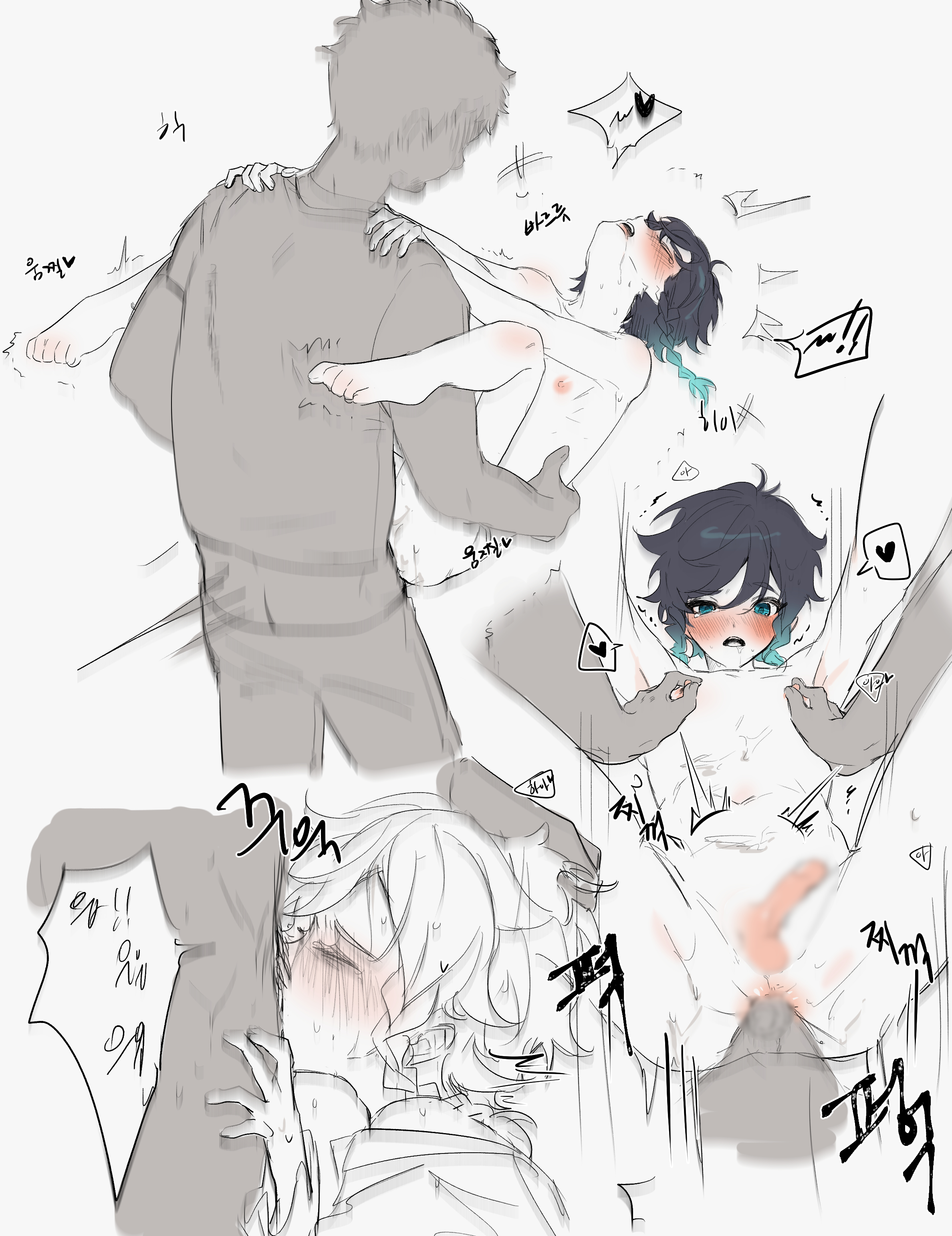anal, blowjob, boy, drooling, genshin impact, kkopoli, male, nipples, penis, sketch, venti (genshin impact), yaoi